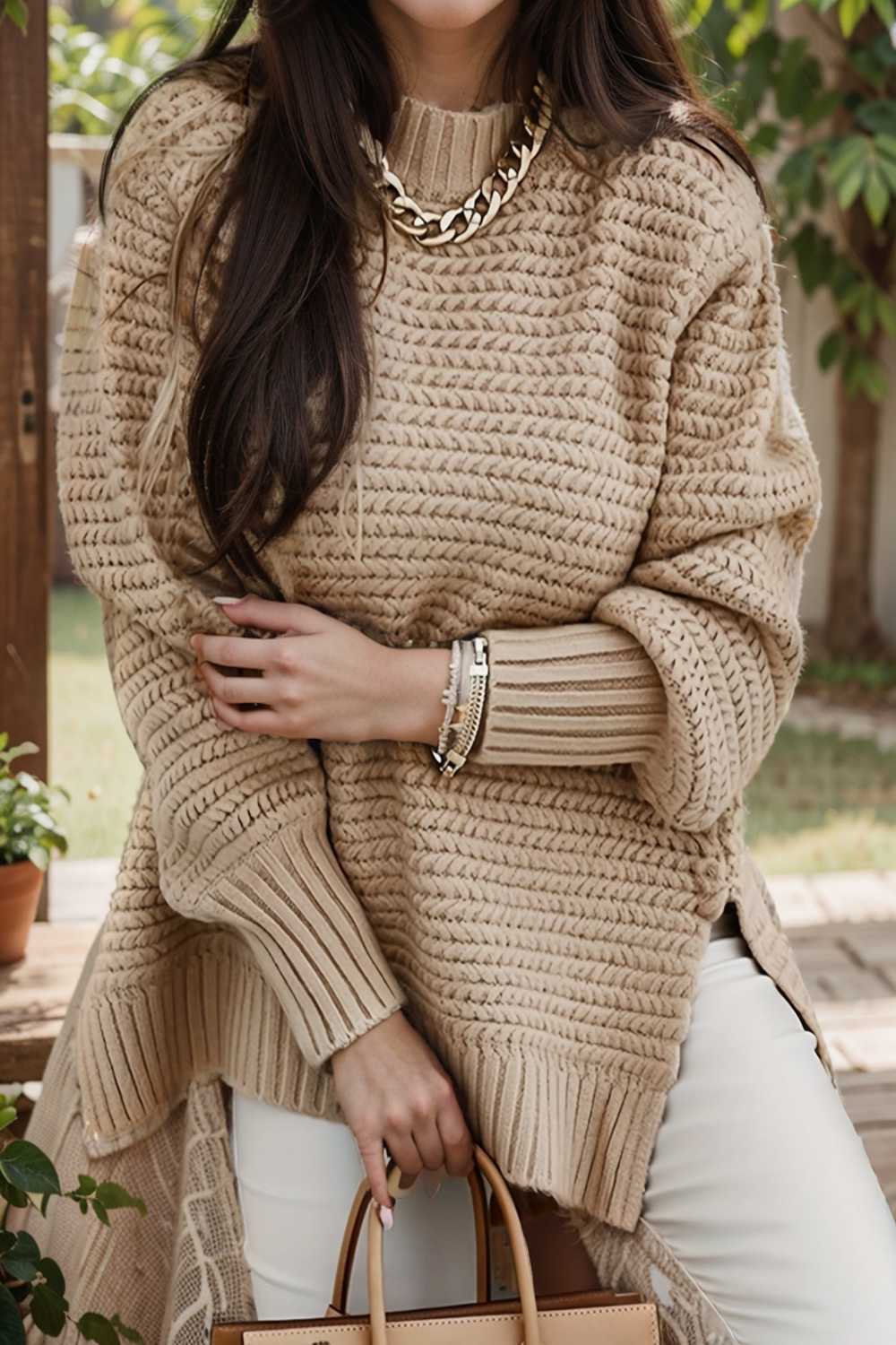casual chunky knit mock neck long sleeve split pullover sweater 112592