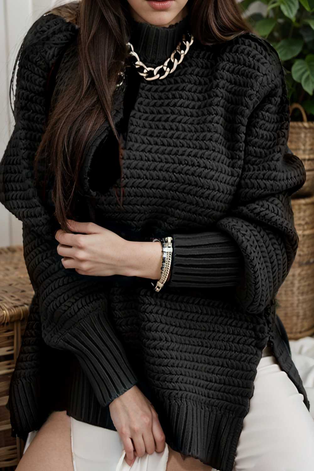 casual chunky knit mock neck long sleeve split pullover sweater 112591