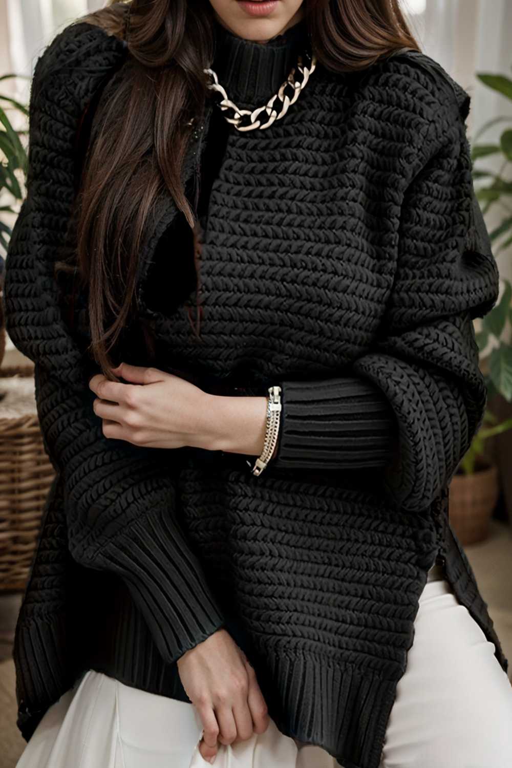 casual chunky knit mock neck long sleeve split pullover sweater 112590