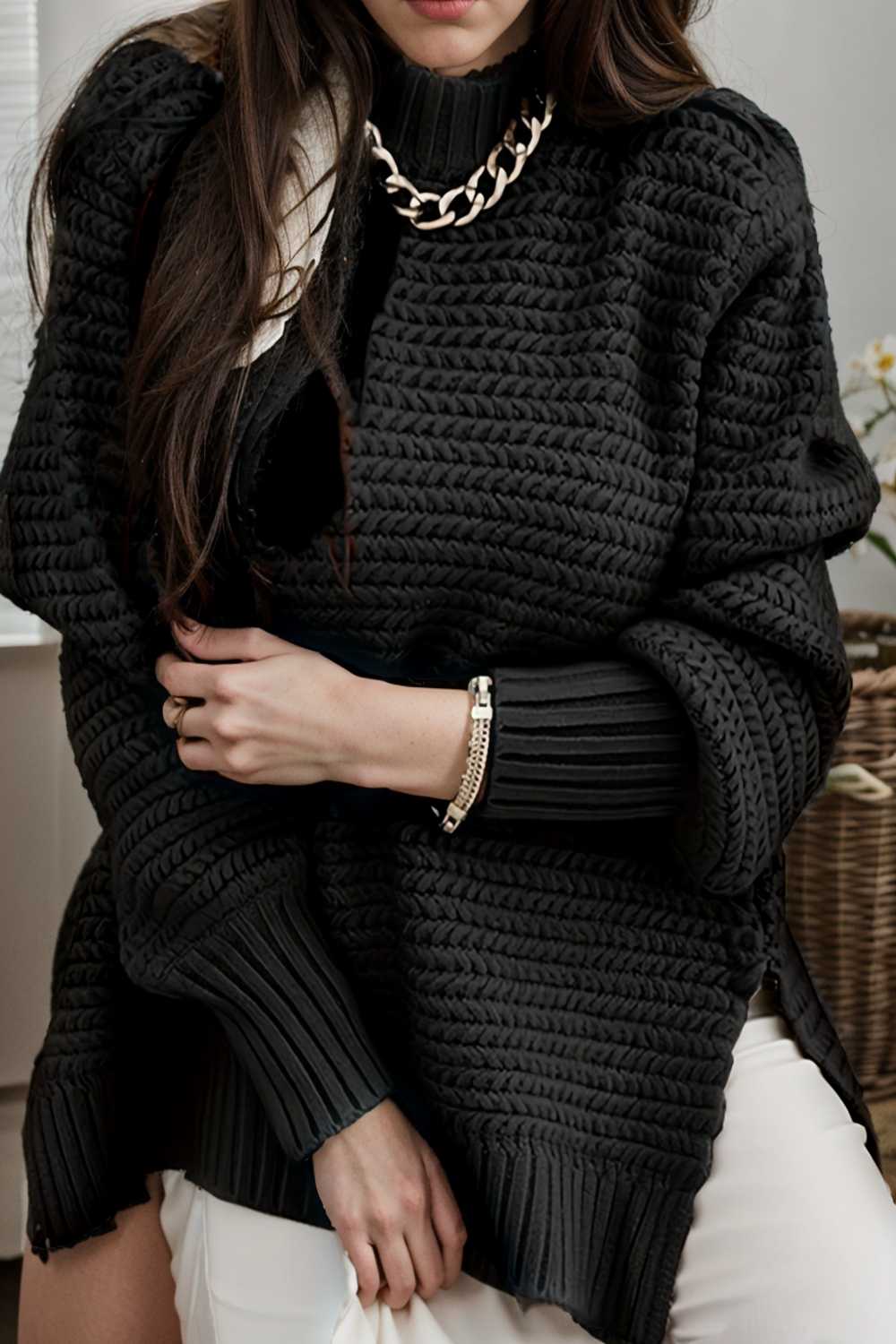 casual chunky knit mock neck long sleeve split pullover sweater 112589
