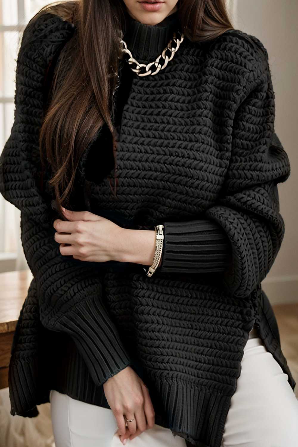 casual chunky knit mock neck long sleeve split pullover sweater 112588