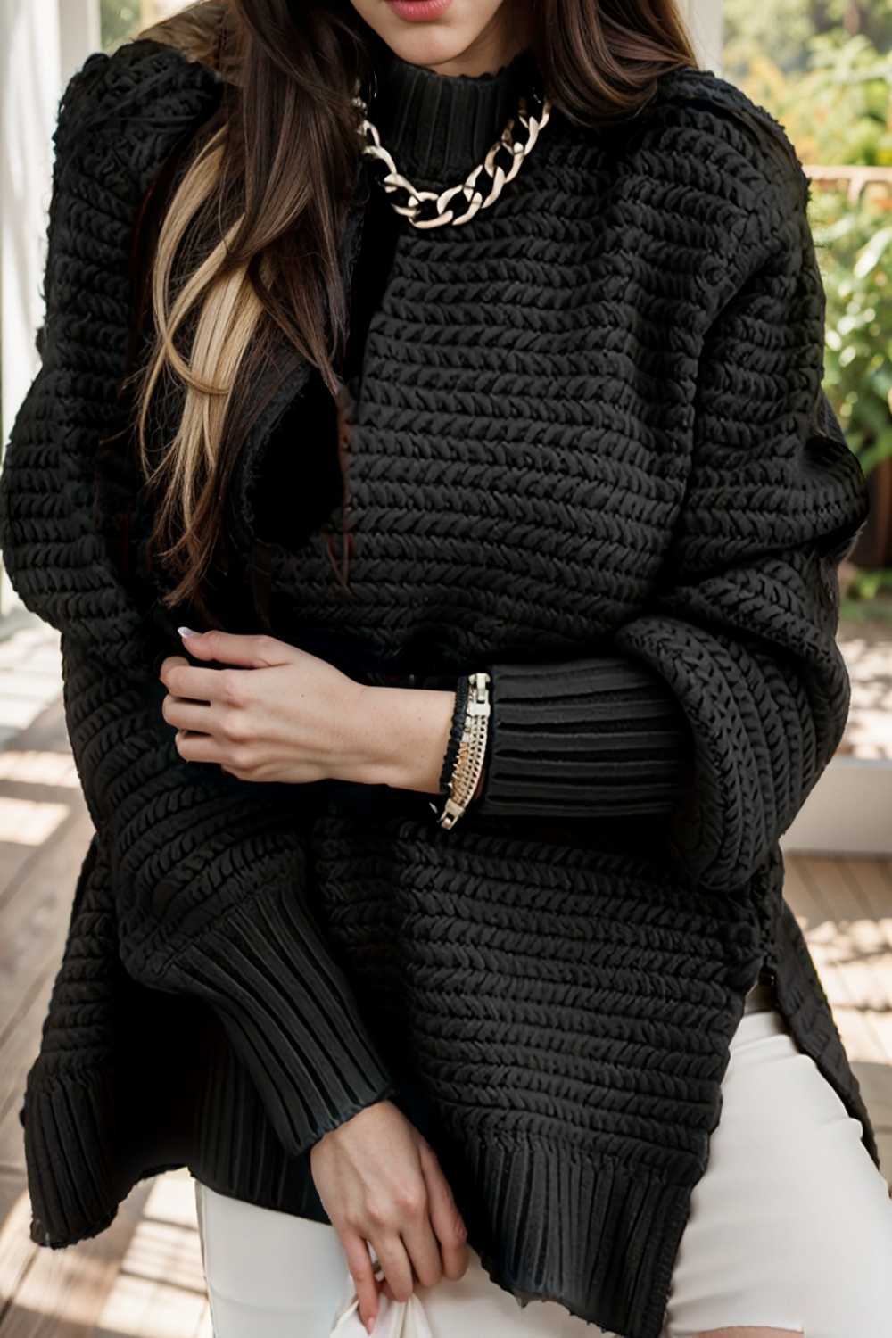 casual chunky knit mock neck long sleeve split pullover sweater 112587