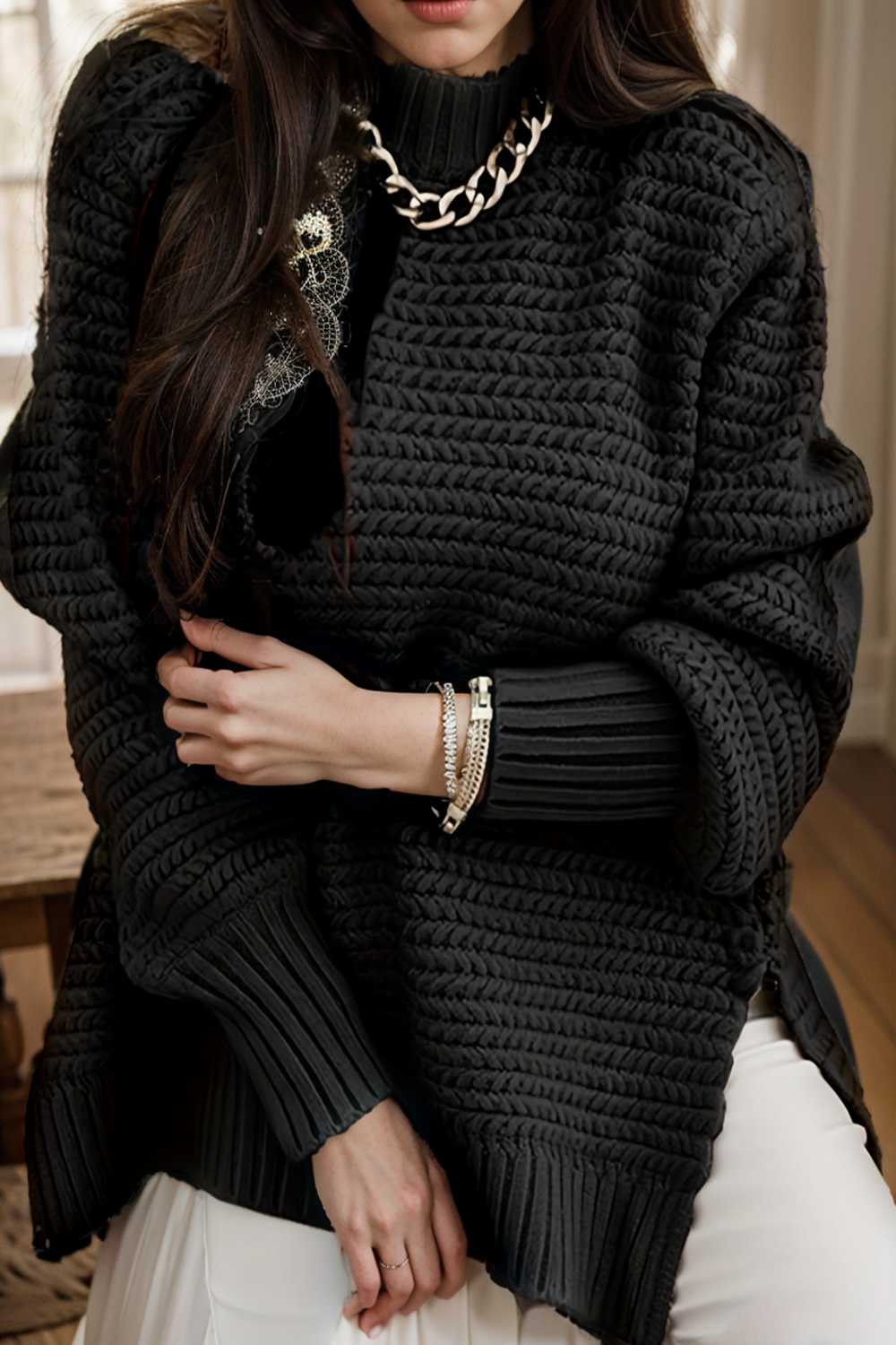 casual chunky knit mock neck long sleeve split pullover sweater 112585