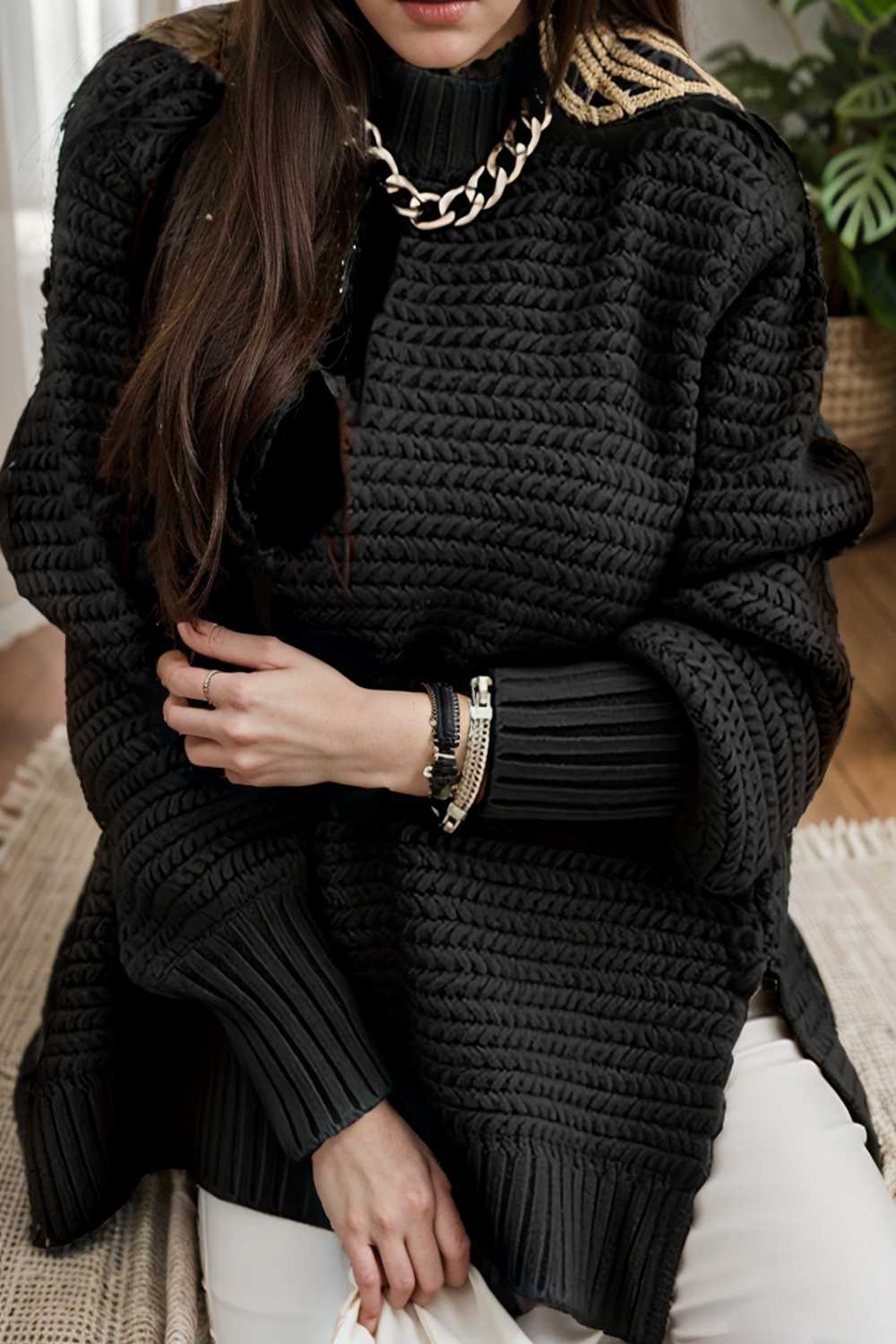 casual chunky knit mock neck long sleeve split pullover sweater 112584