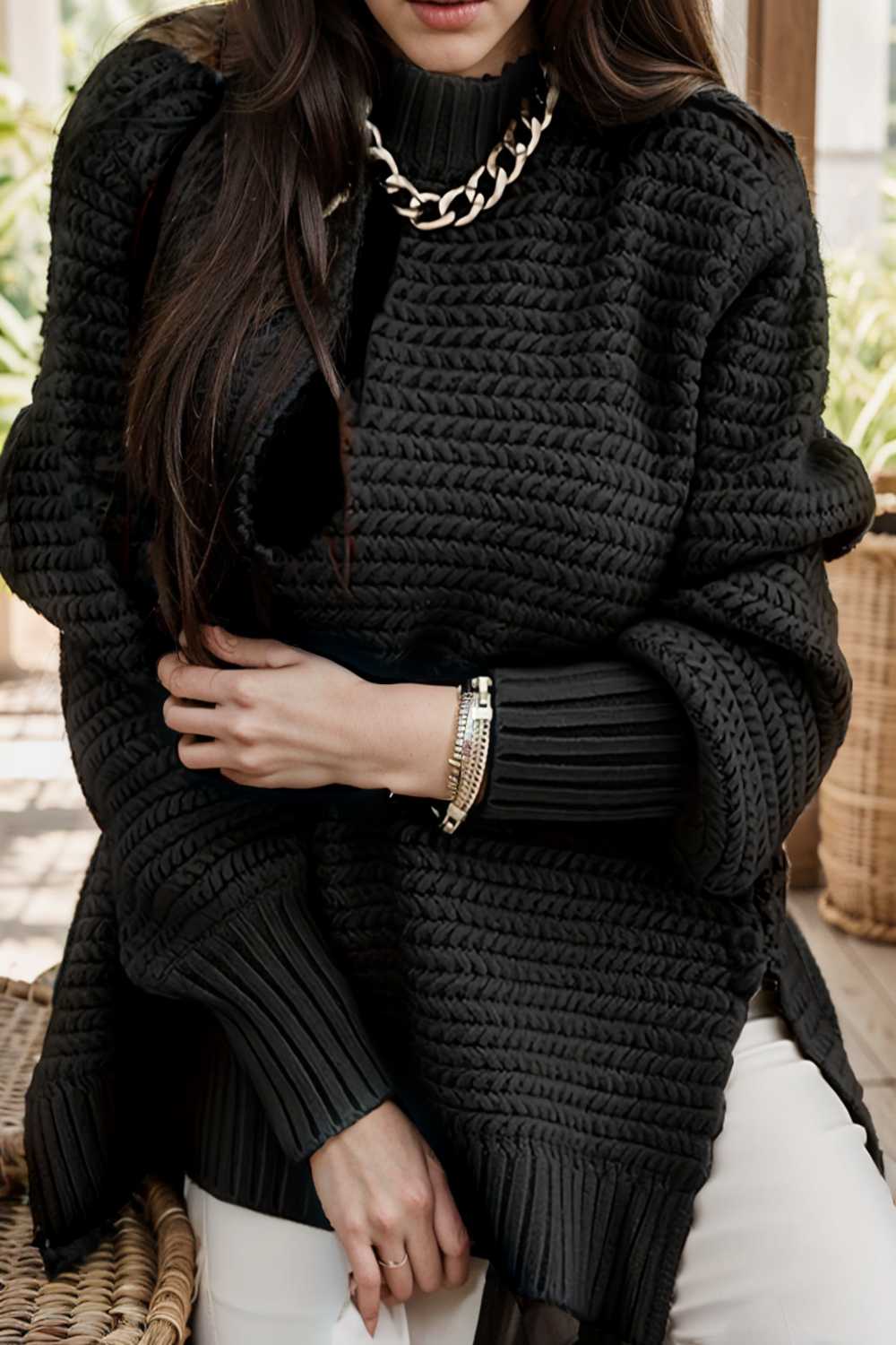 casual chunky knit mock neck long sleeve split pullover sweater 112583