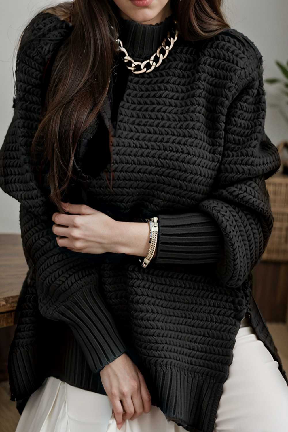 casual chunky knit mock neck long sleeve split pullover sweater 112582
