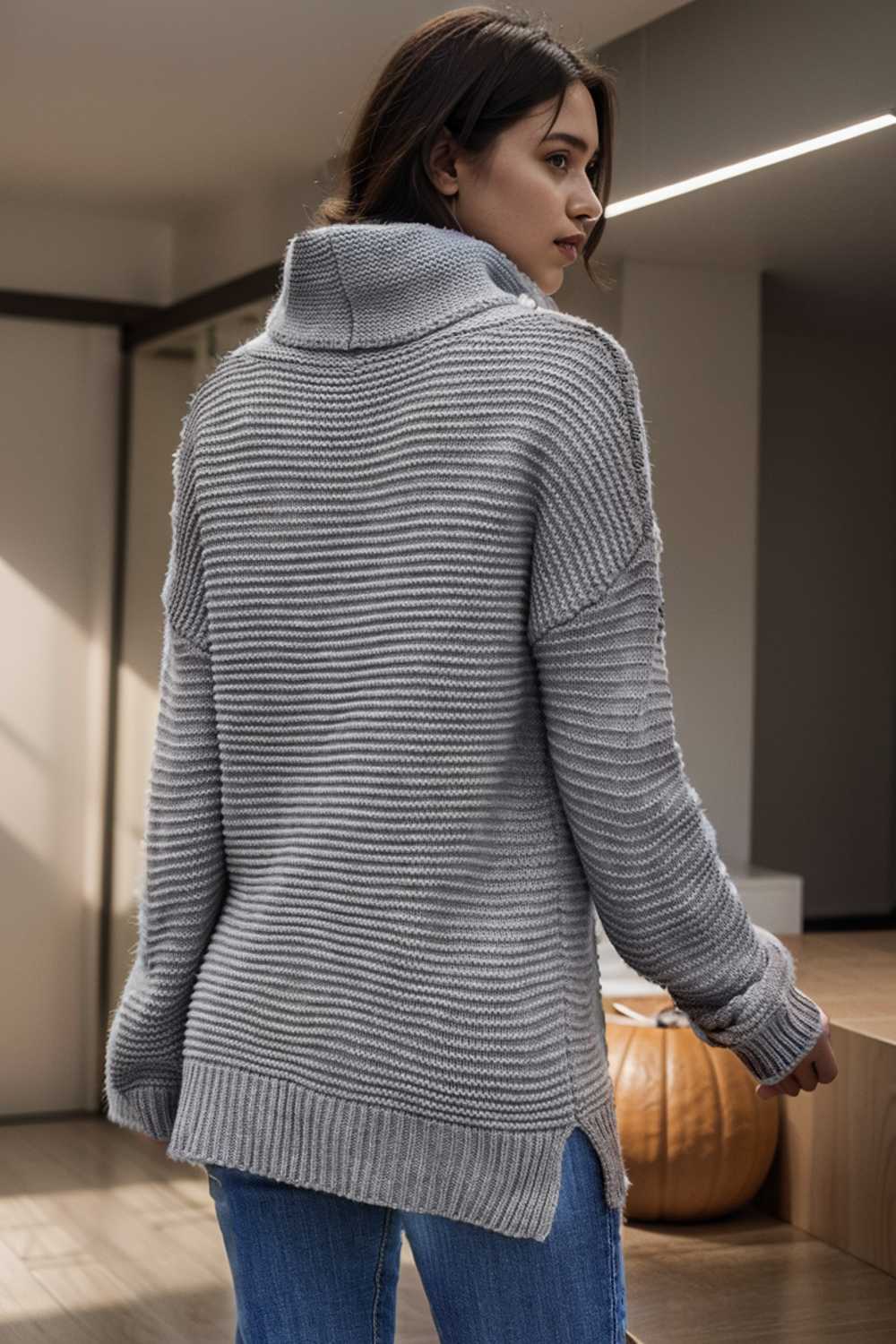 casual chunky knit mock neck long sleeve split pullover sweater 112566