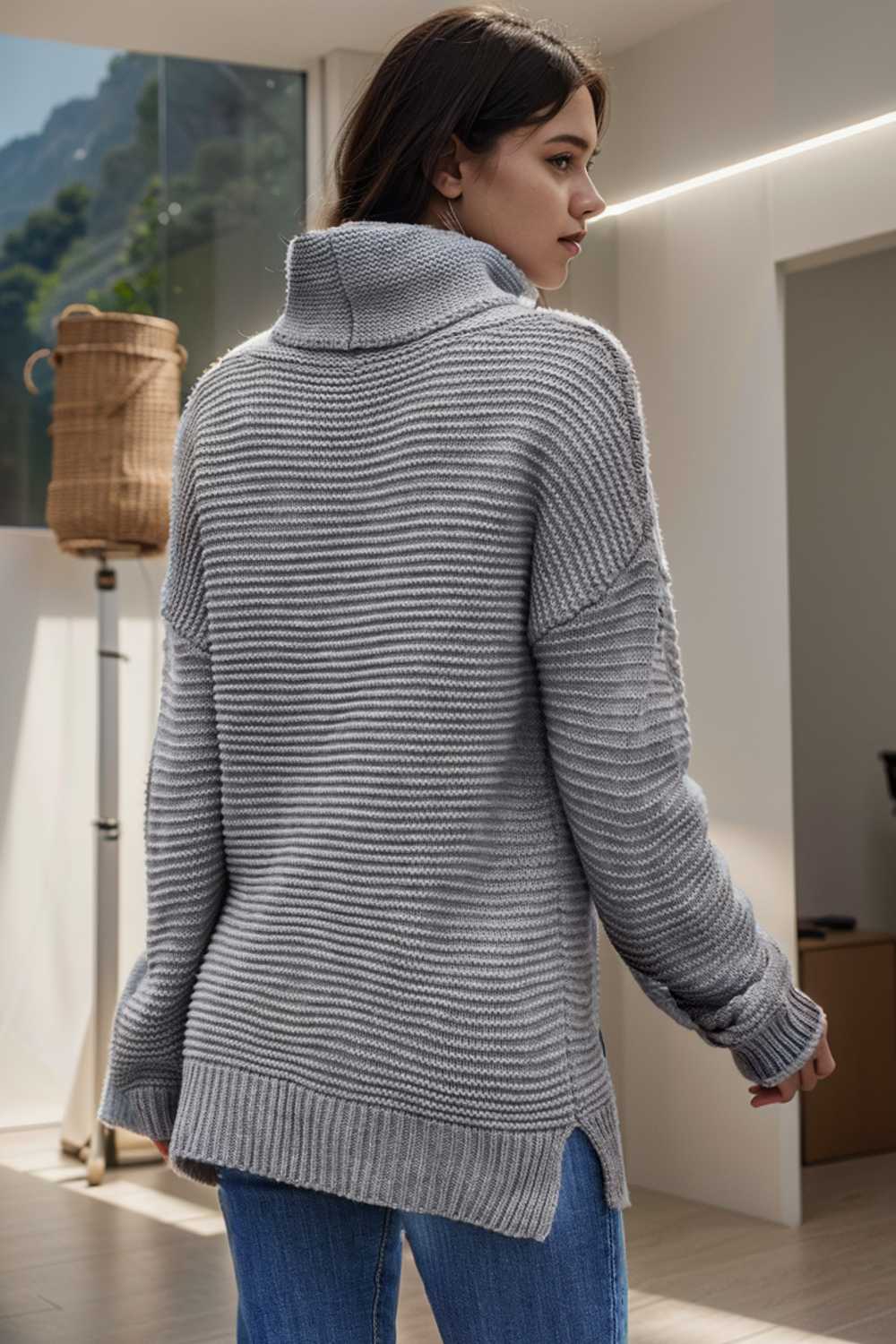casual chunky knit mock neck long sleeve split pullover sweater 111038