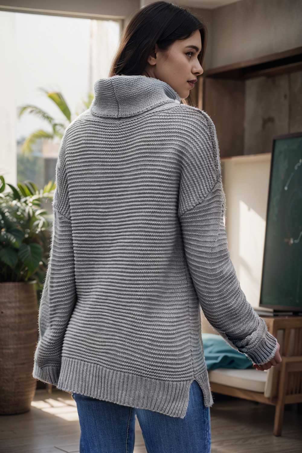 casual chunky knit mock neck long sleeve split pullover sweater 112414