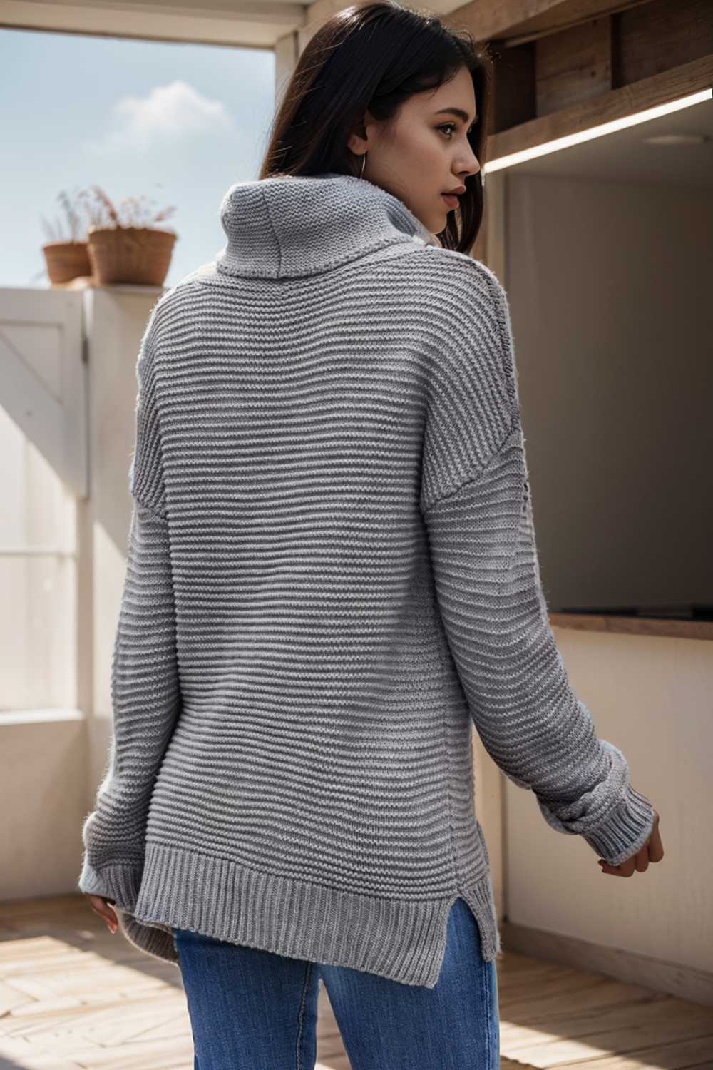 casual chunky knit mock neck long sleeve split pullover sweater 112565