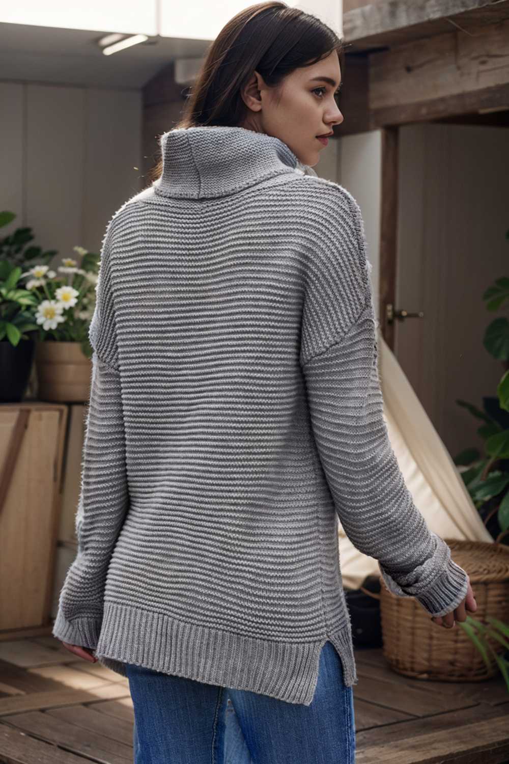 casual chunky knit mock neck long sleeve split pullover sweater 112564