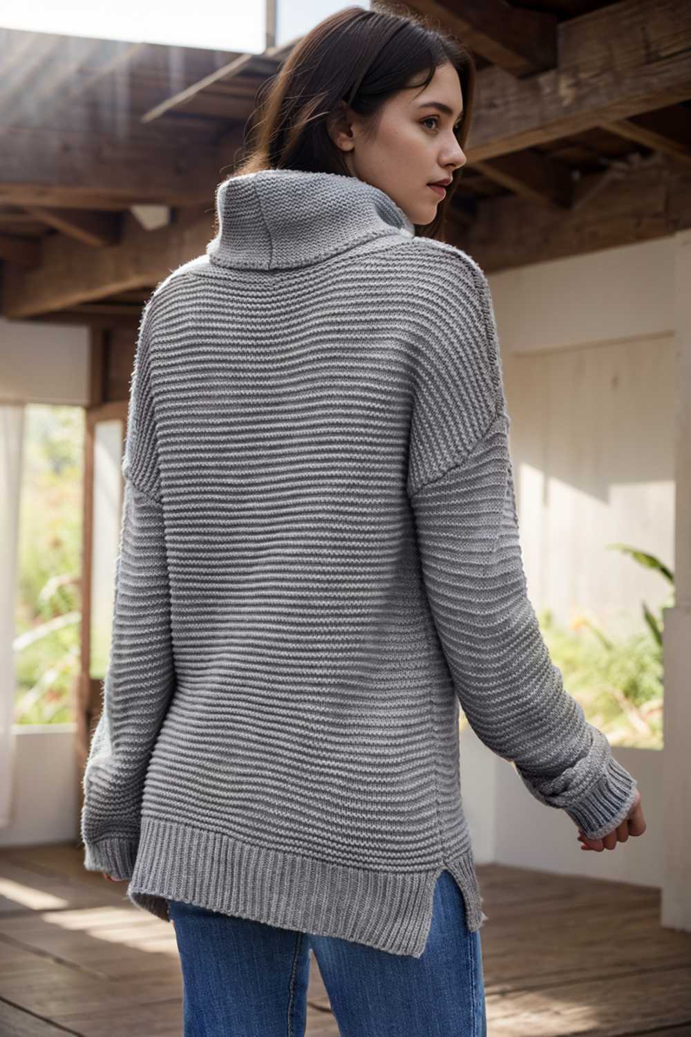 casual chunky knit mock neck long sleeve split pullover sweater 112563