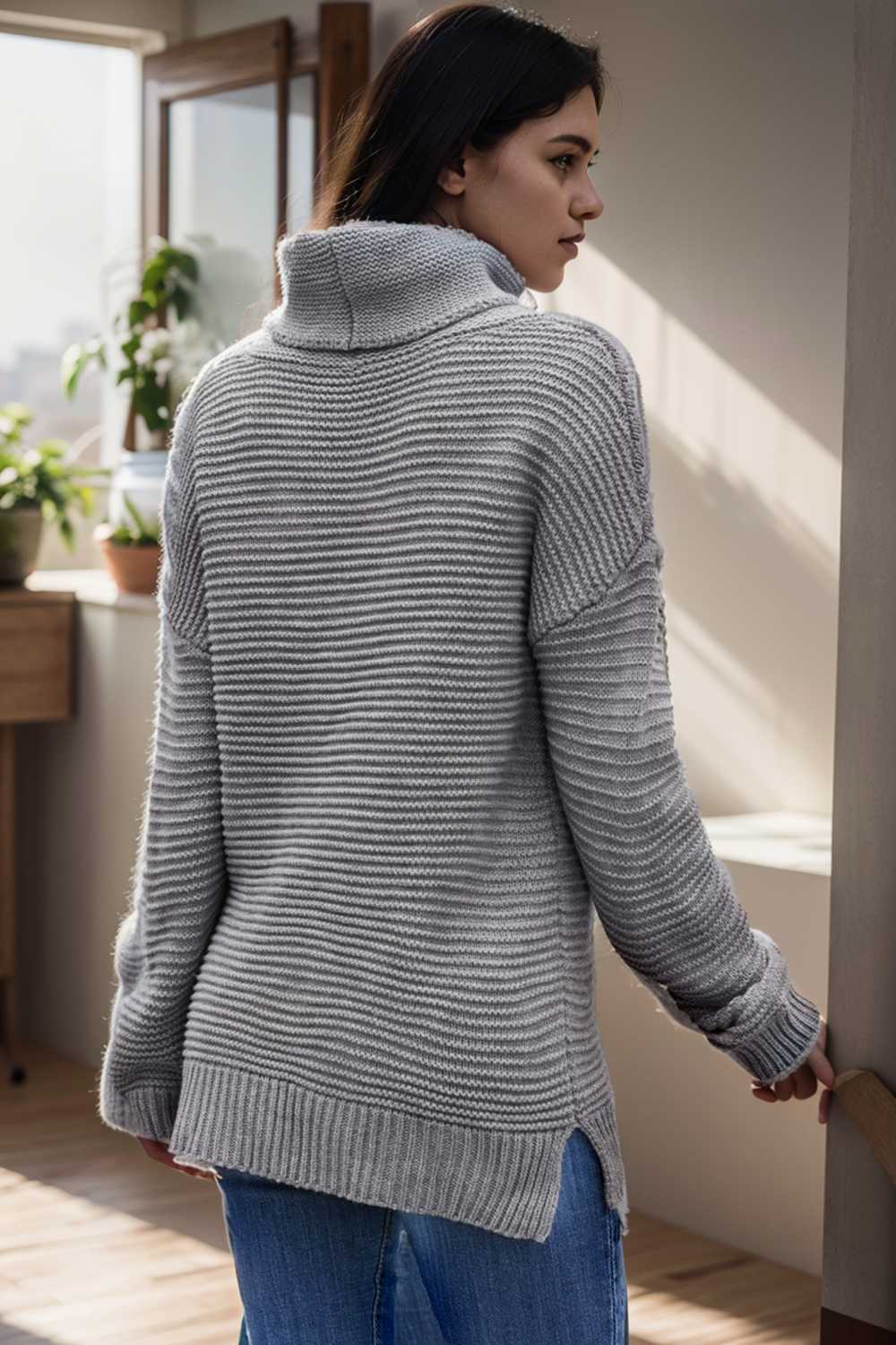 casual chunky knit mock neck long sleeve split pullover sweater 112562