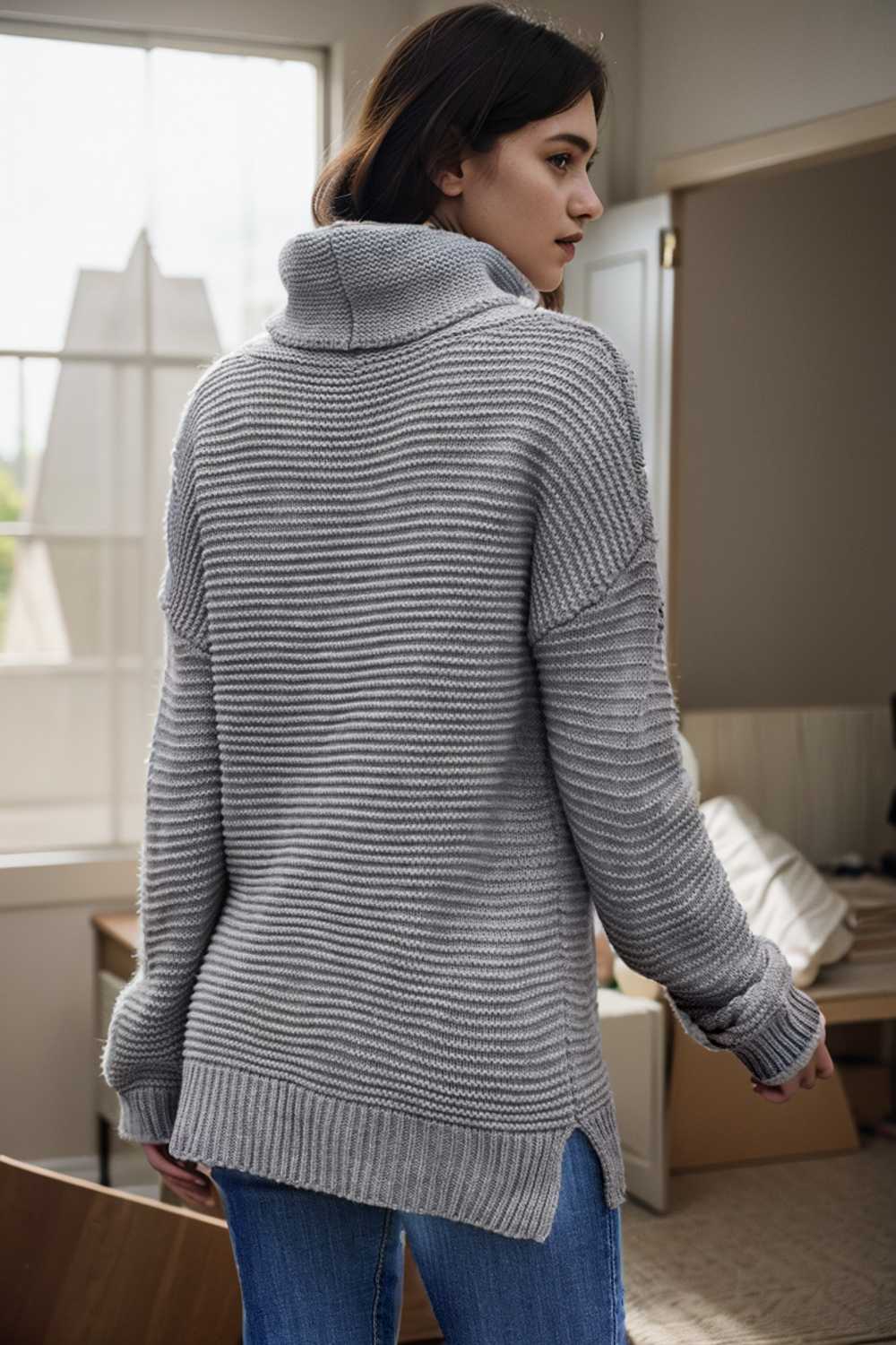 casual chunky knit mock neck long sleeve split pullover sweater 112561