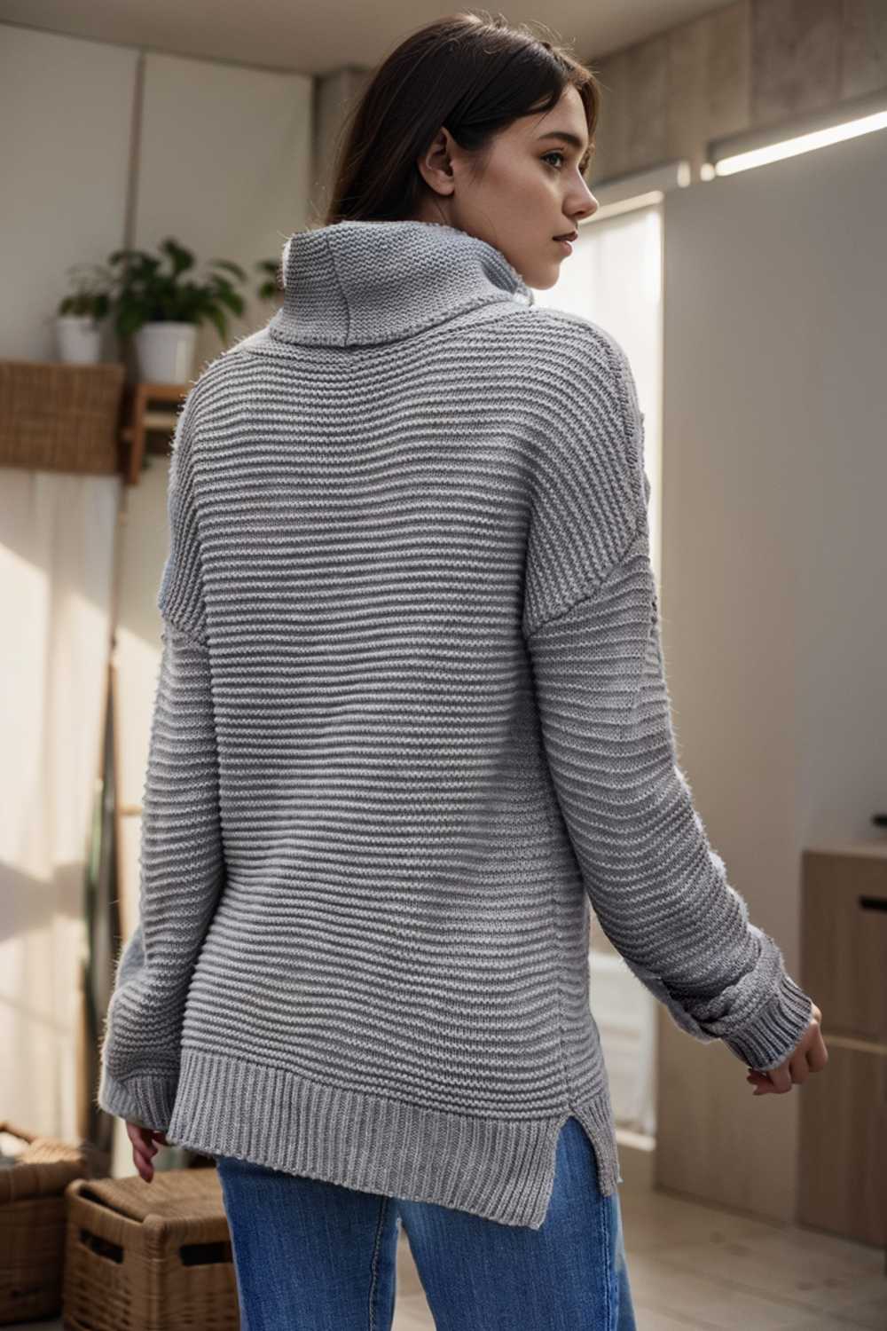 casual chunky knit mock neck long sleeve split pullover sweater 112560