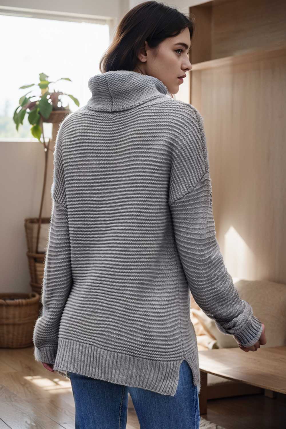 casual chunky knit mock neck long sleeve split pullover sweater 112559