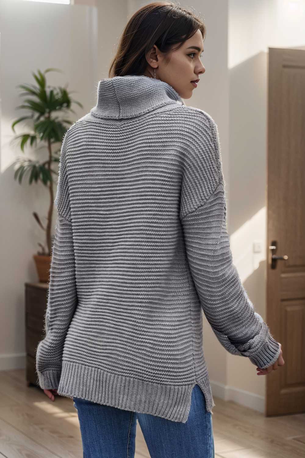 casual chunky knit mock neck long sleeve split pullover sweater 112557