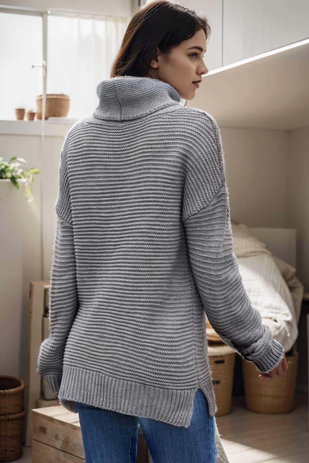 casual chunky knit mock neck long sleeve split pullover sweater 112556