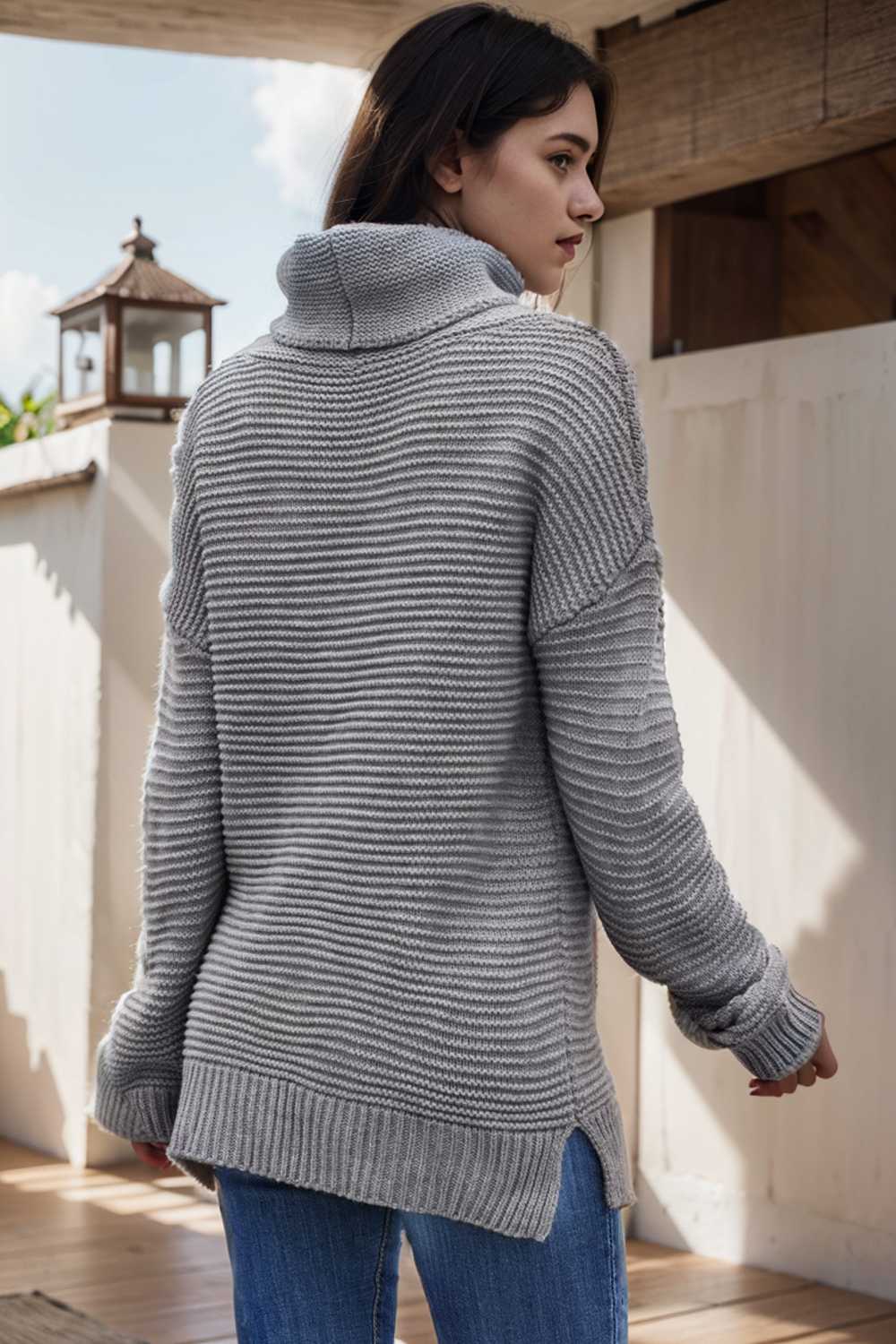 casual chunky knit mock neck long sleeve split pullover sweater 112555