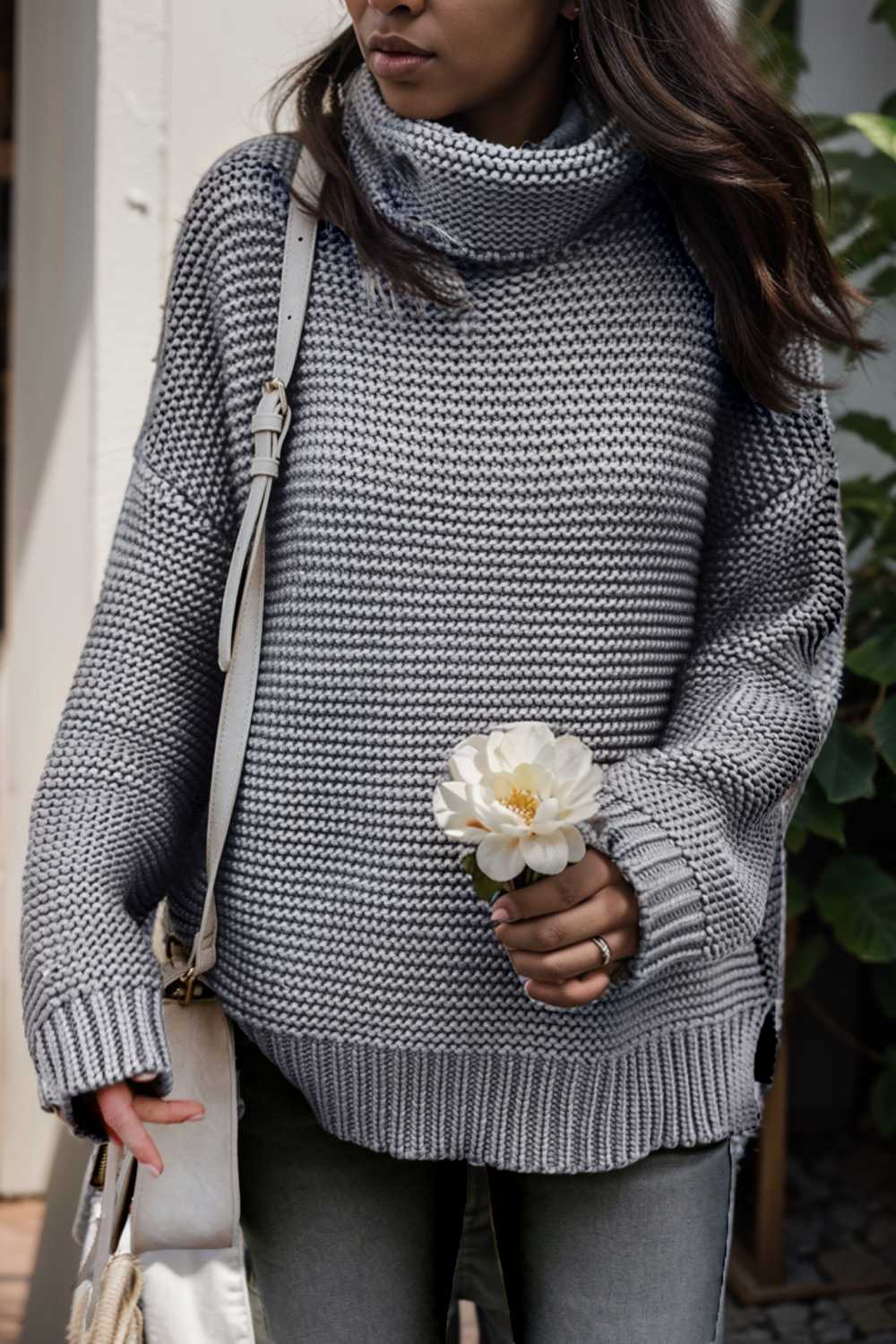 casual chunky knit mock neck long sleeve split pullover sweater 109080