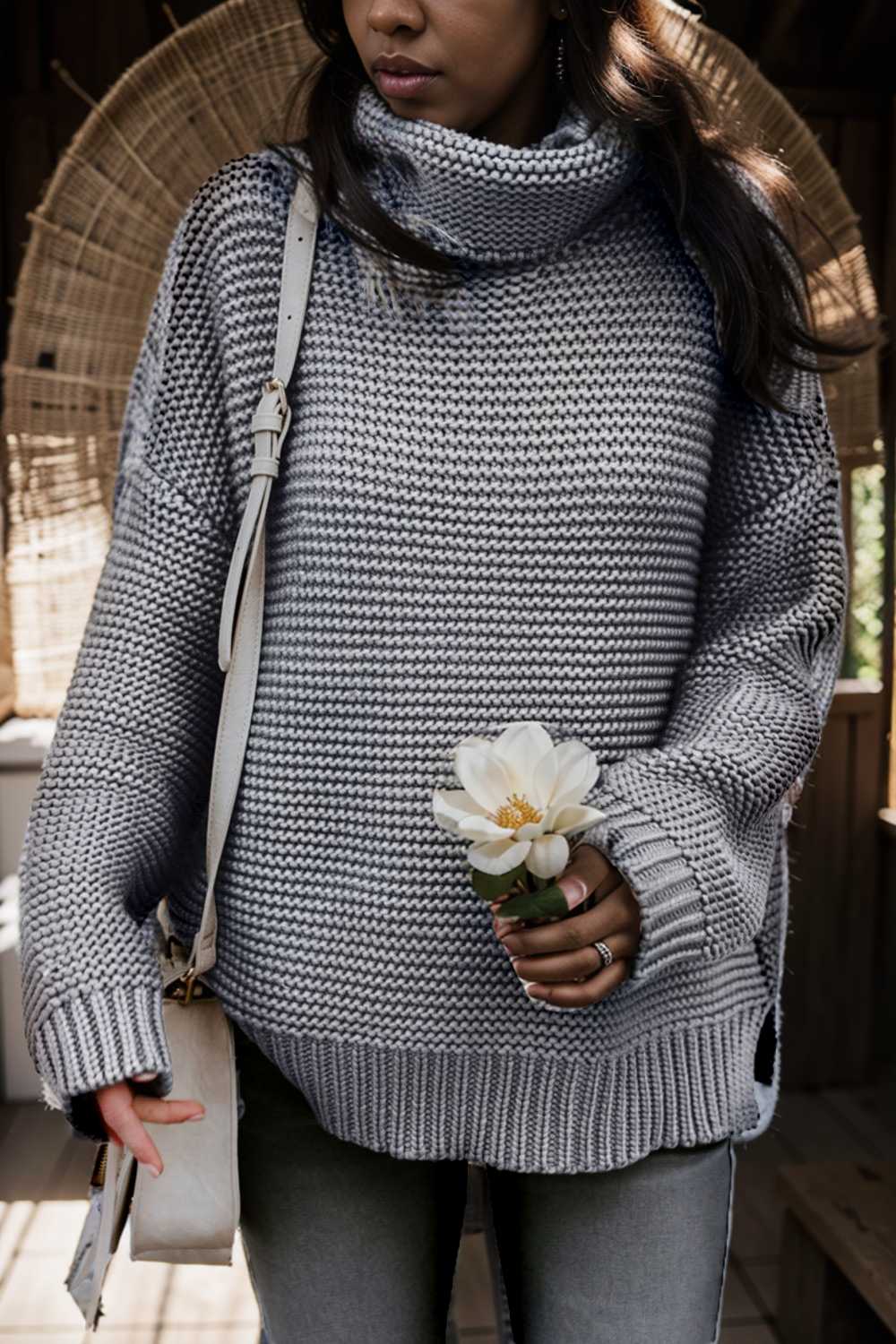 casual chunky knit mock neck long sleeve split pullover sweater 112413