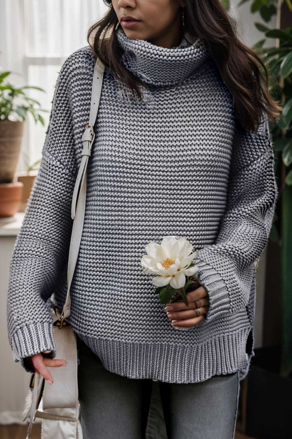 casual chunky knit mock neck long sleeve split pullover sweater 112550