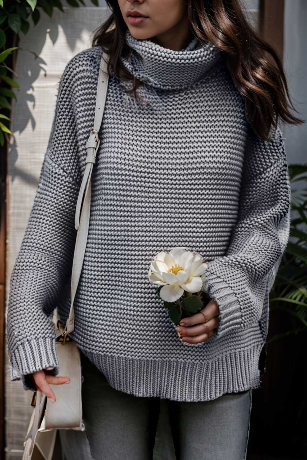 casual chunky knit mock neck long sleeve split pullover sweater 112549