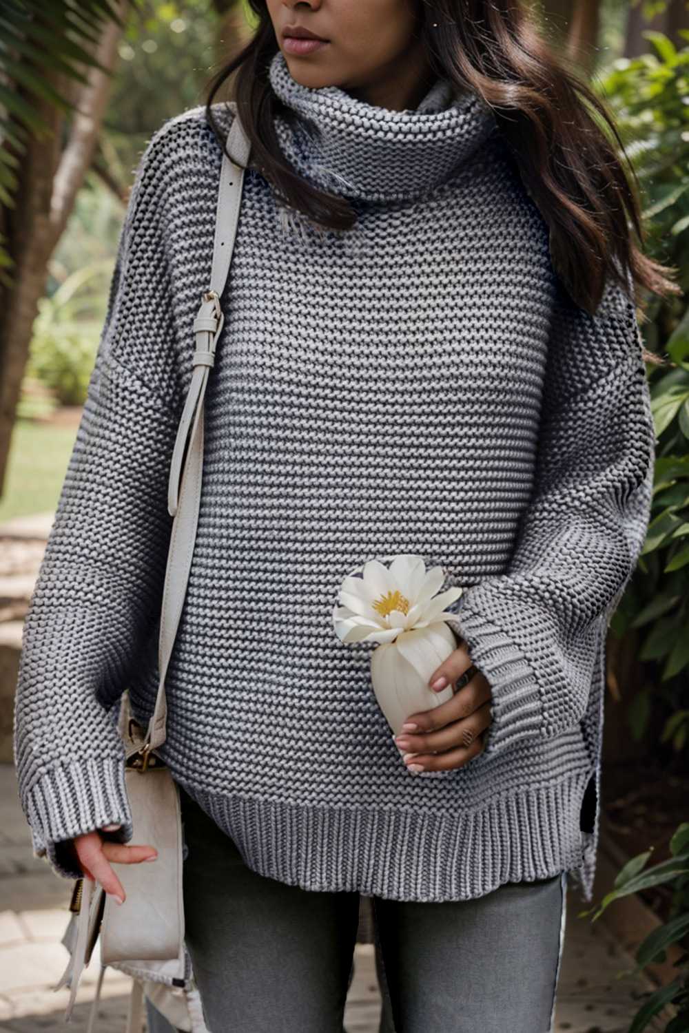casual chunky knit mock neck long sleeve split pullover sweater 112548