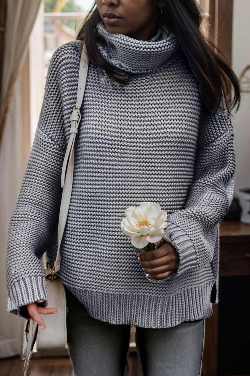 casual chunky knit mock neck long sleeve split pullover sweater 112547