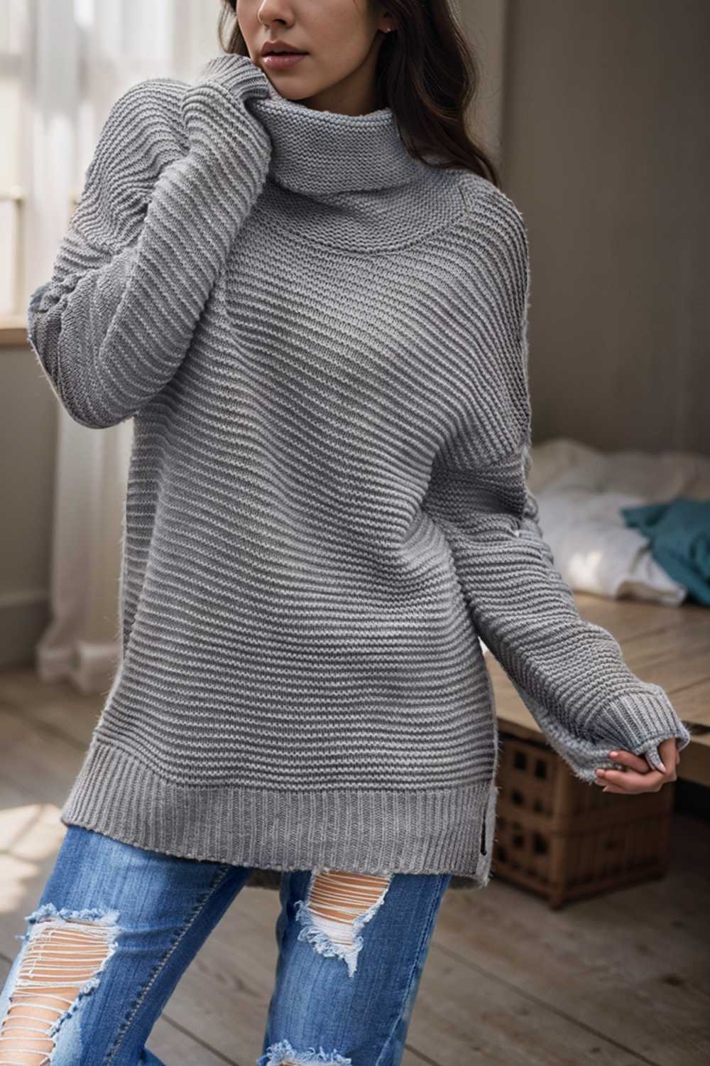 casual chunky knit mock neck long sleeve split pullover sweater 112543