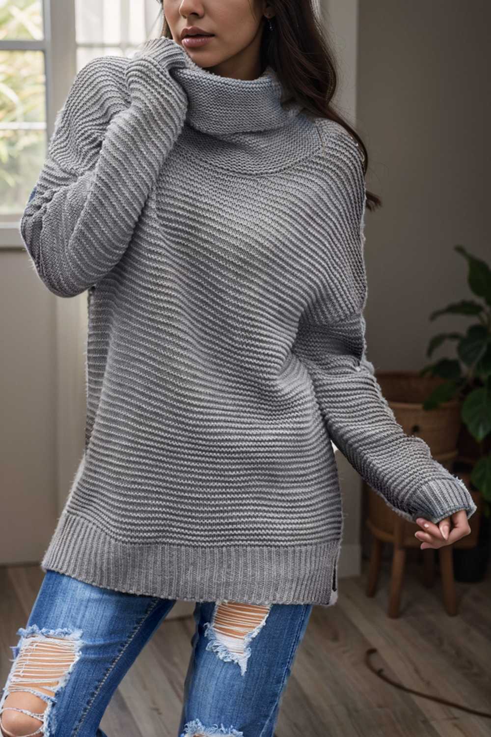 casual chunky knit mock neck long sleeve split pullover sweater 112542