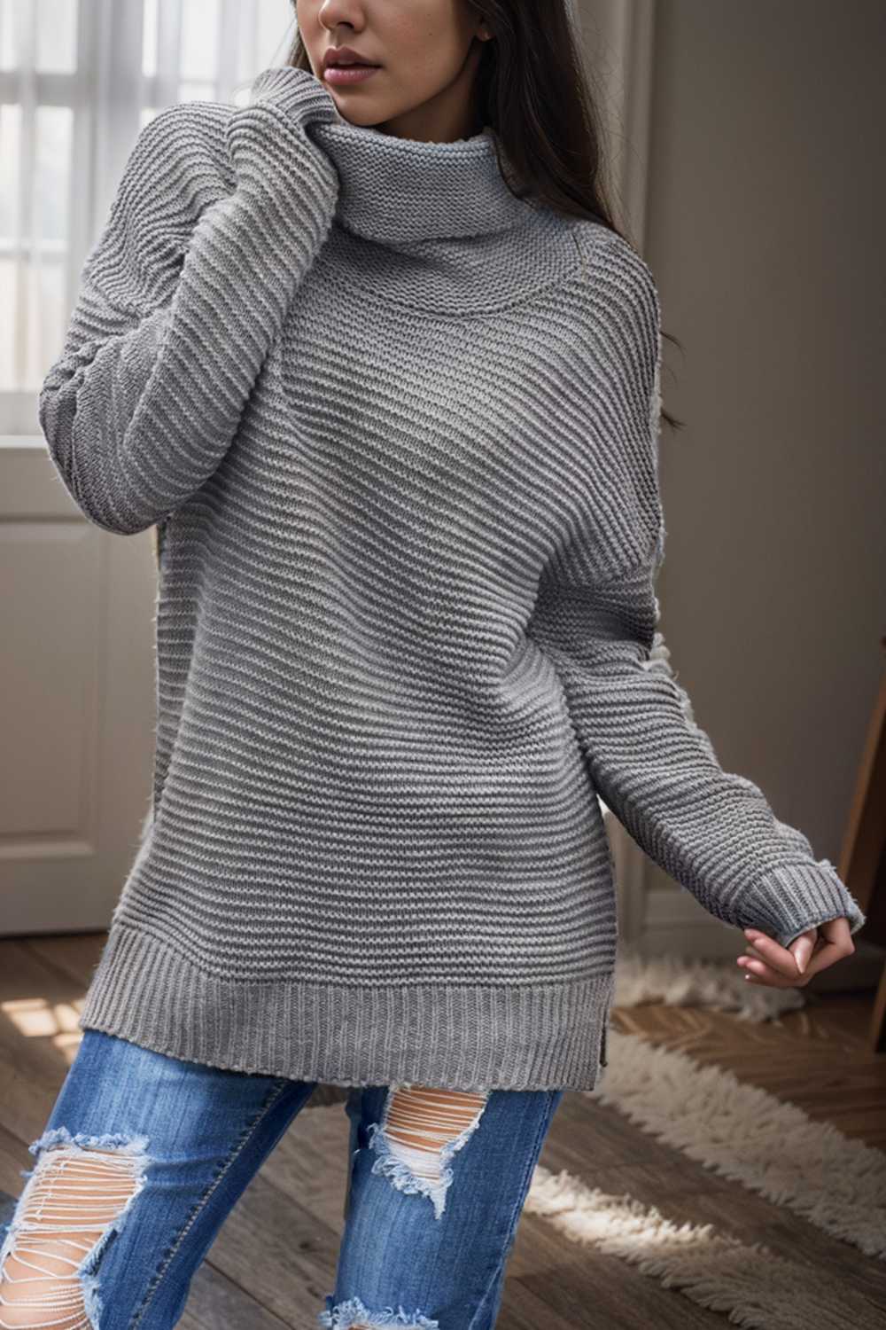 casual chunky knit mock neck long sleeve split pullover sweater 112541