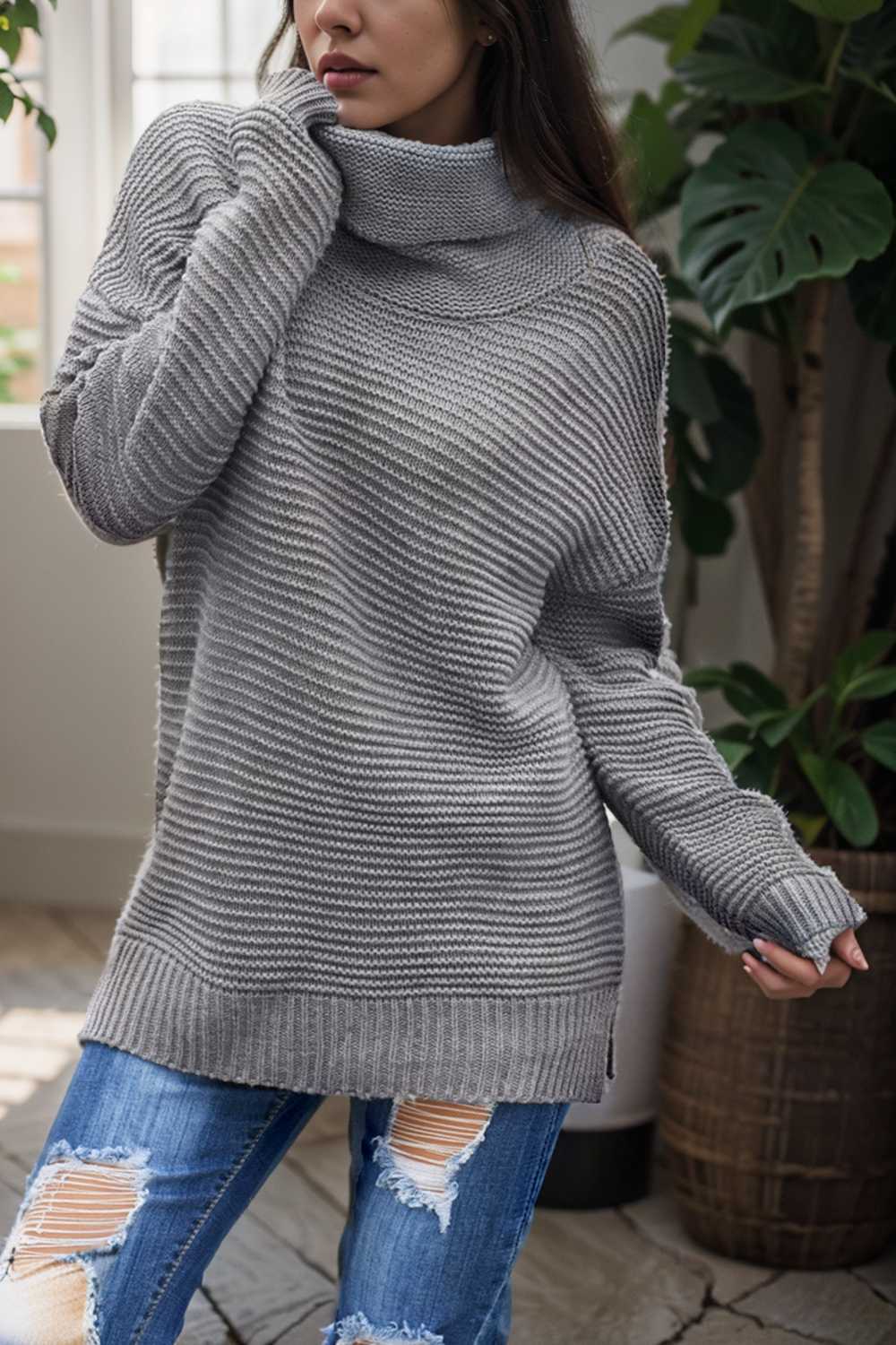 casual chunky knit mock neck long sleeve split pullover sweater 112540