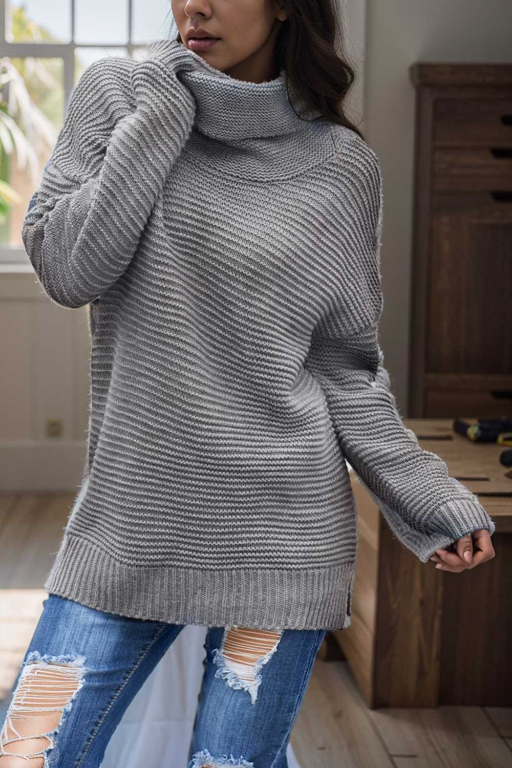 casual chunky knit mock neck long sleeve split pullover sweater 112539