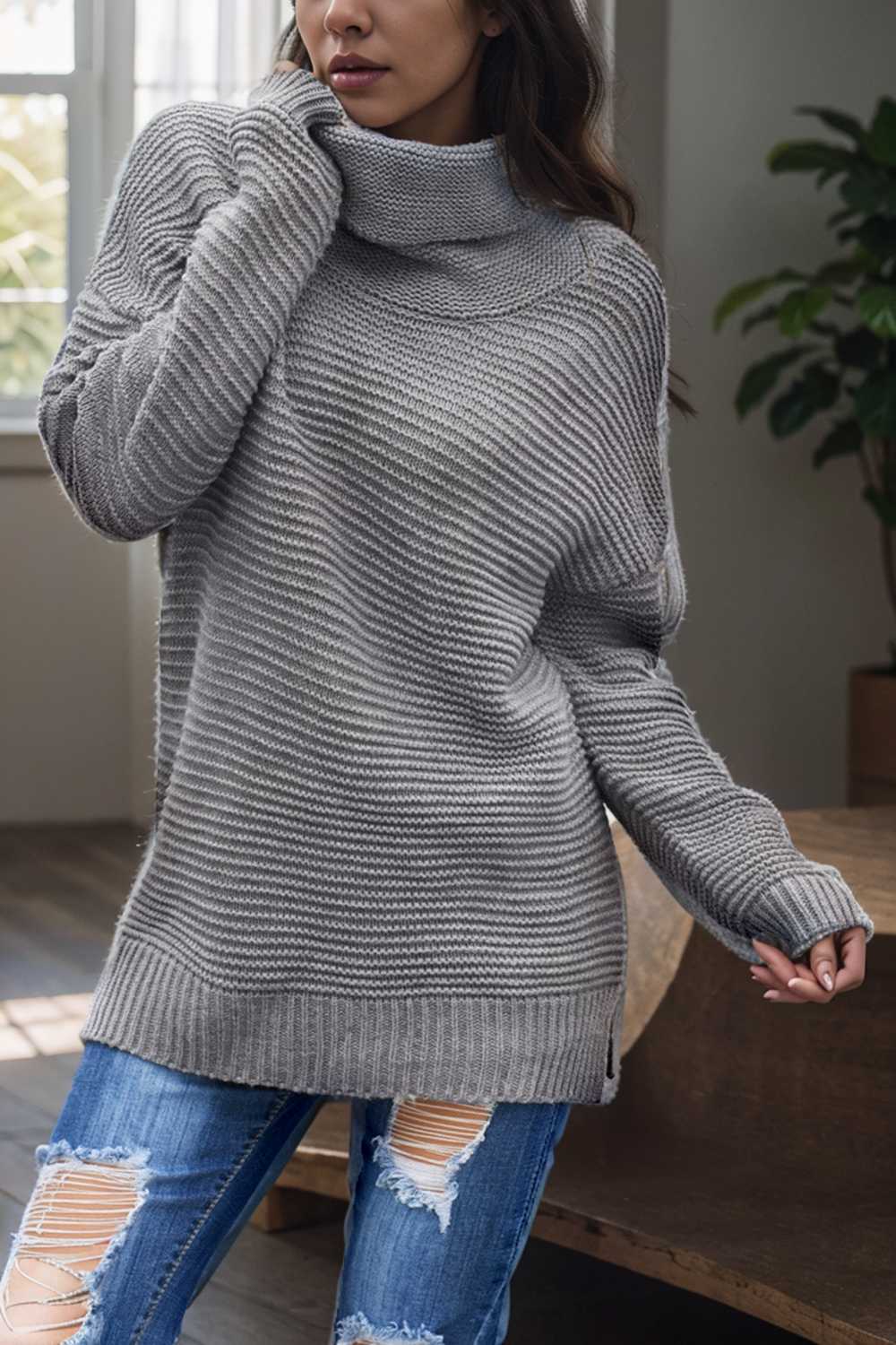 casual chunky knit mock neck long sleeve split pullover sweater 112538