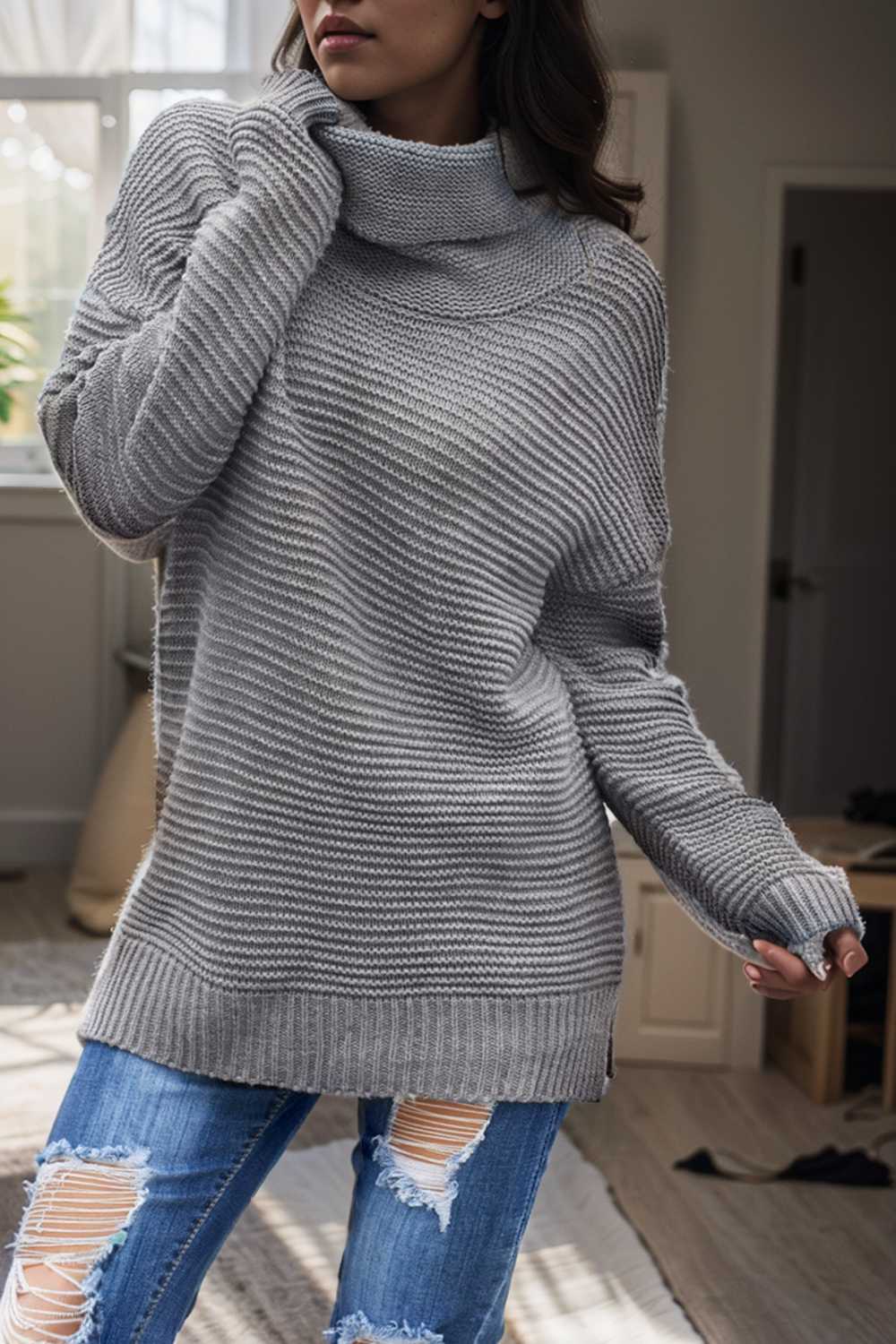 casual chunky knit mock neck long sleeve split pullover sweater 112536