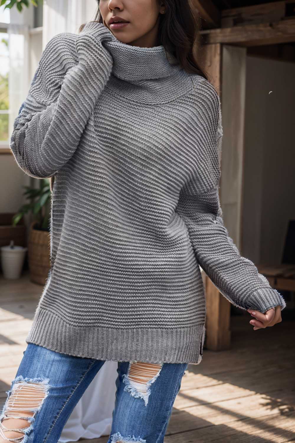 casual chunky knit mock neck long sleeve split pullover sweater 112535