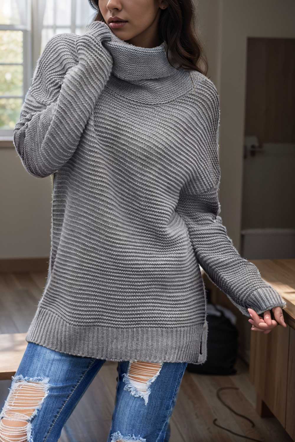 casual chunky knit mock neck long sleeve split pullover sweater 112534