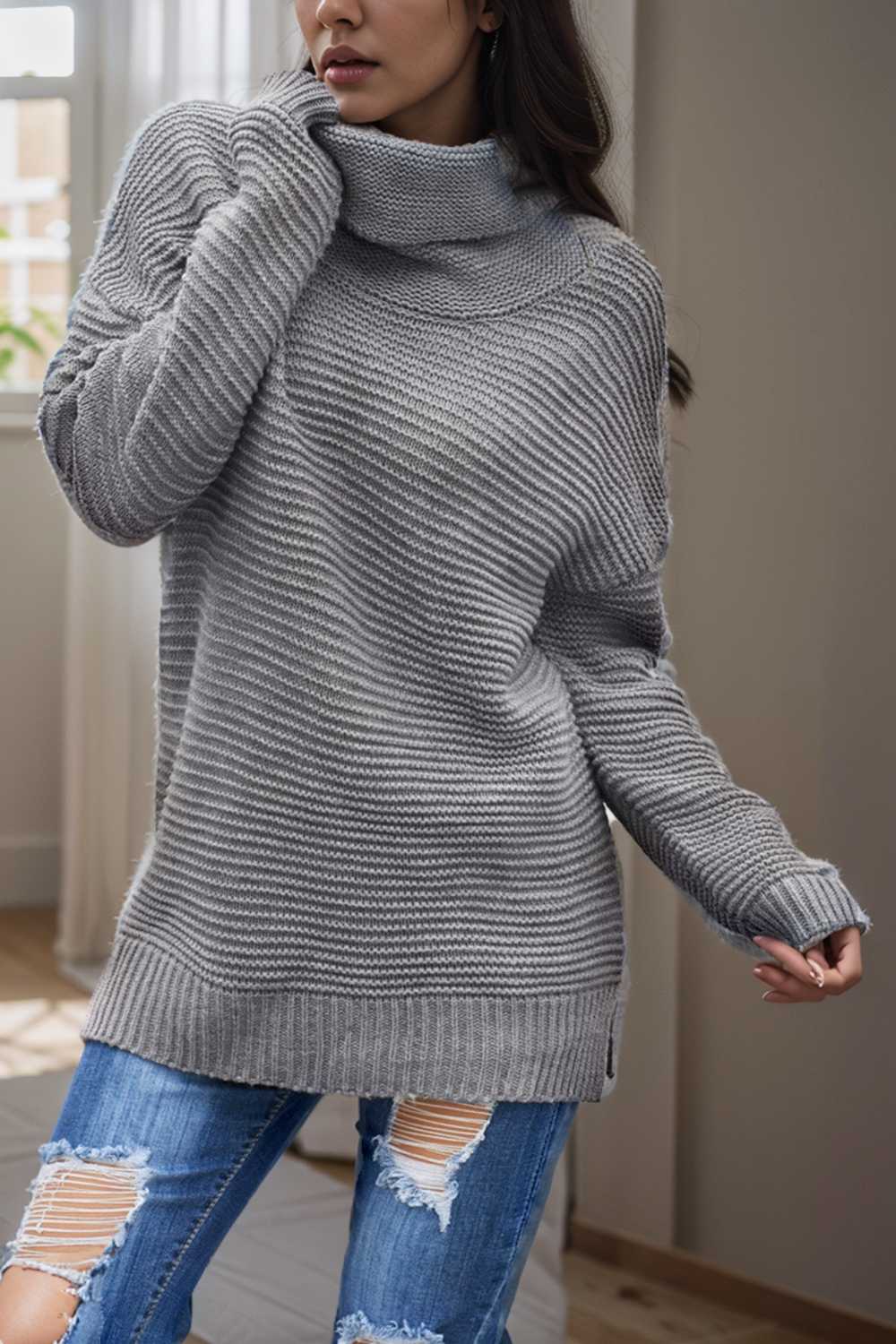 casual chunky knit mock neck long sleeve split pullover sweater 112533