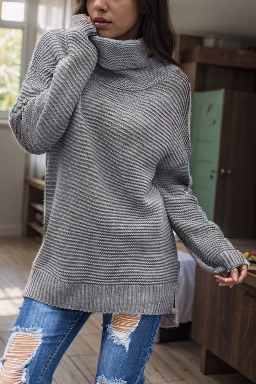 casual chunky knit mock neck long sleeve split pullover sweater 112532