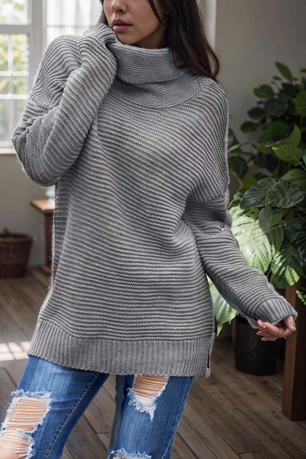casual chunky knit mock neck long sleeve split pullover sweater 112531