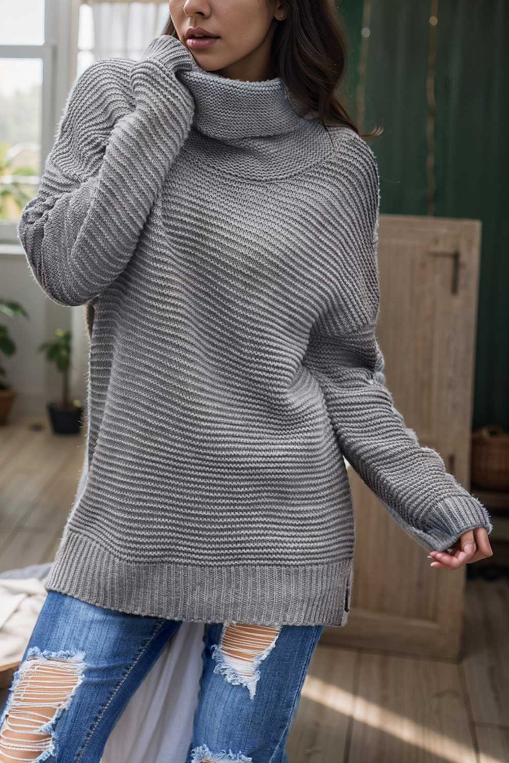 casual chunky knit mock neck long sleeve split pullover sweater 112530