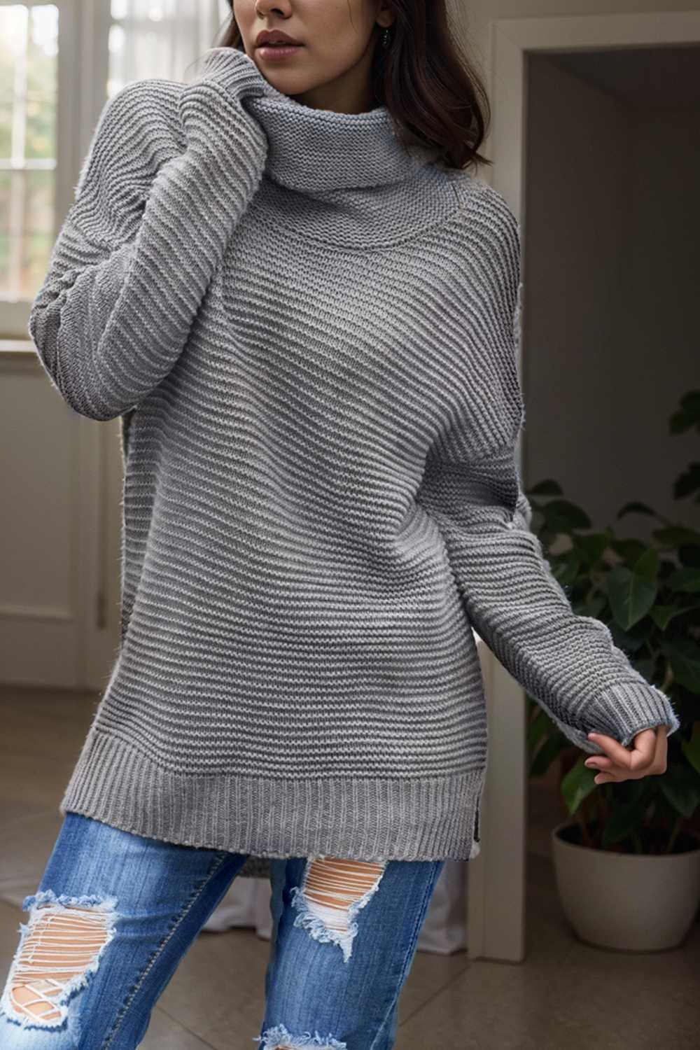 casual chunky knit mock neck long sleeve split pullover sweater 112529