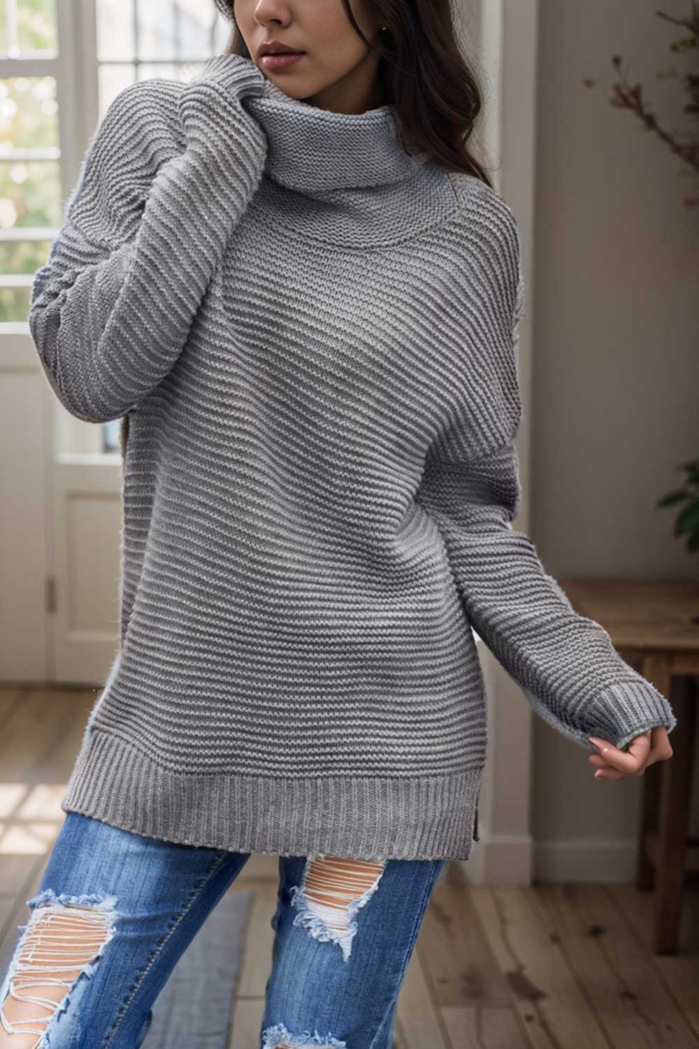 casual chunky knit mock neck long sleeve split pullover sweater 112528