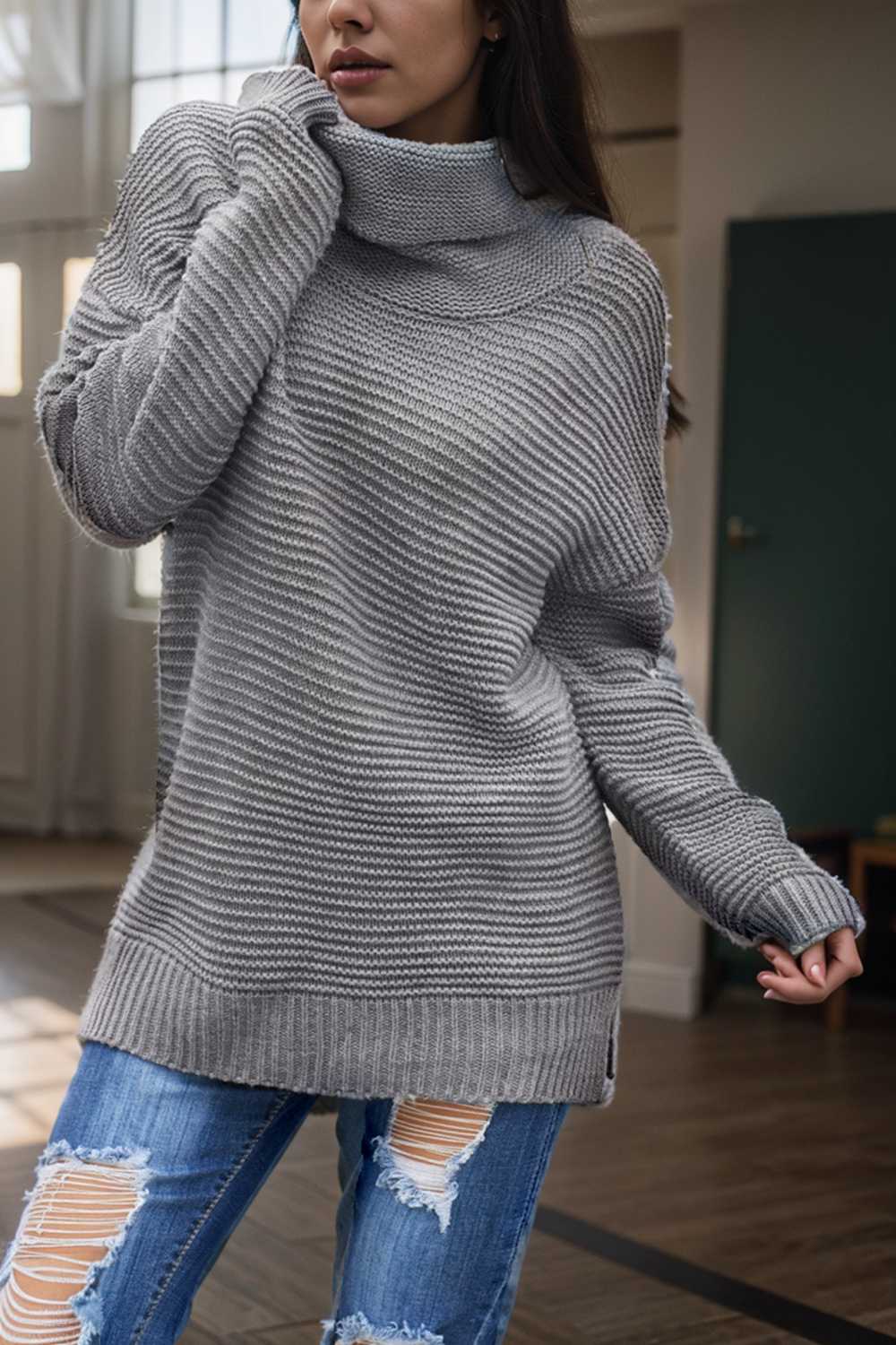 casual chunky knit mock neck long sleeve split pullover sweater 112527