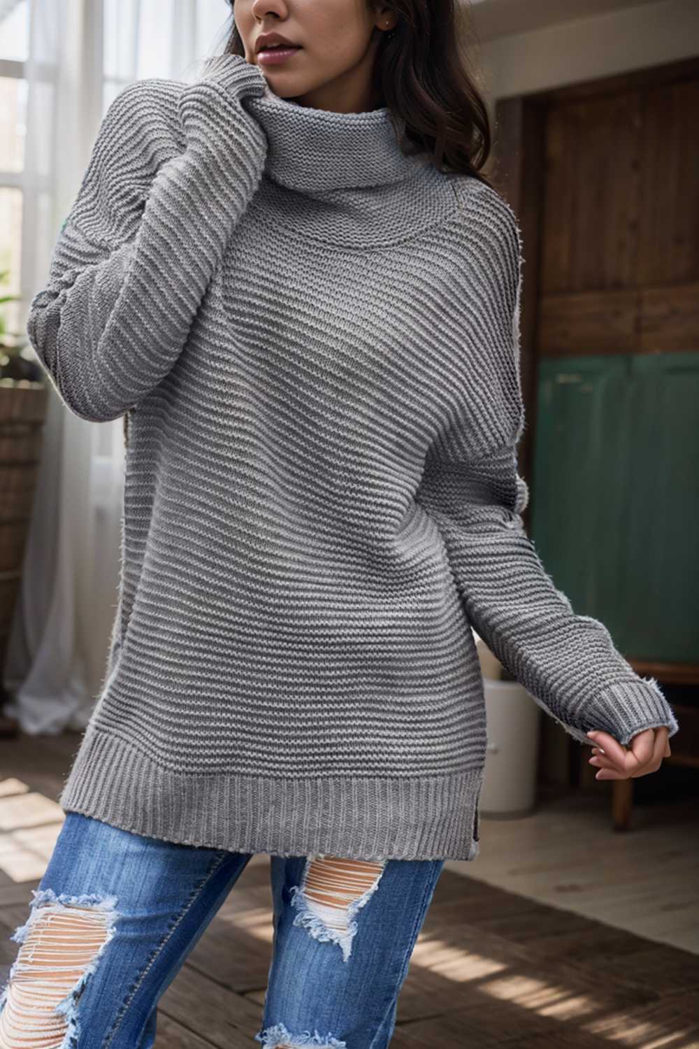 casual chunky knit mock neck long sleeve split pullover sweater 112526
