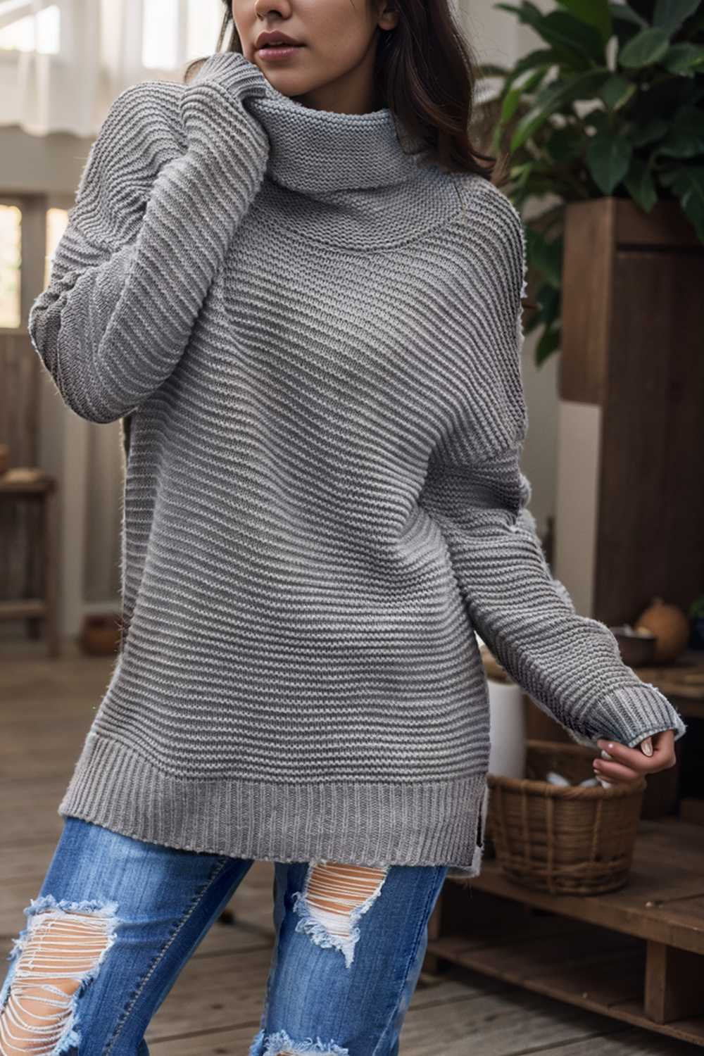 casual chunky knit mock neck long sleeve split pullover sweater 112525