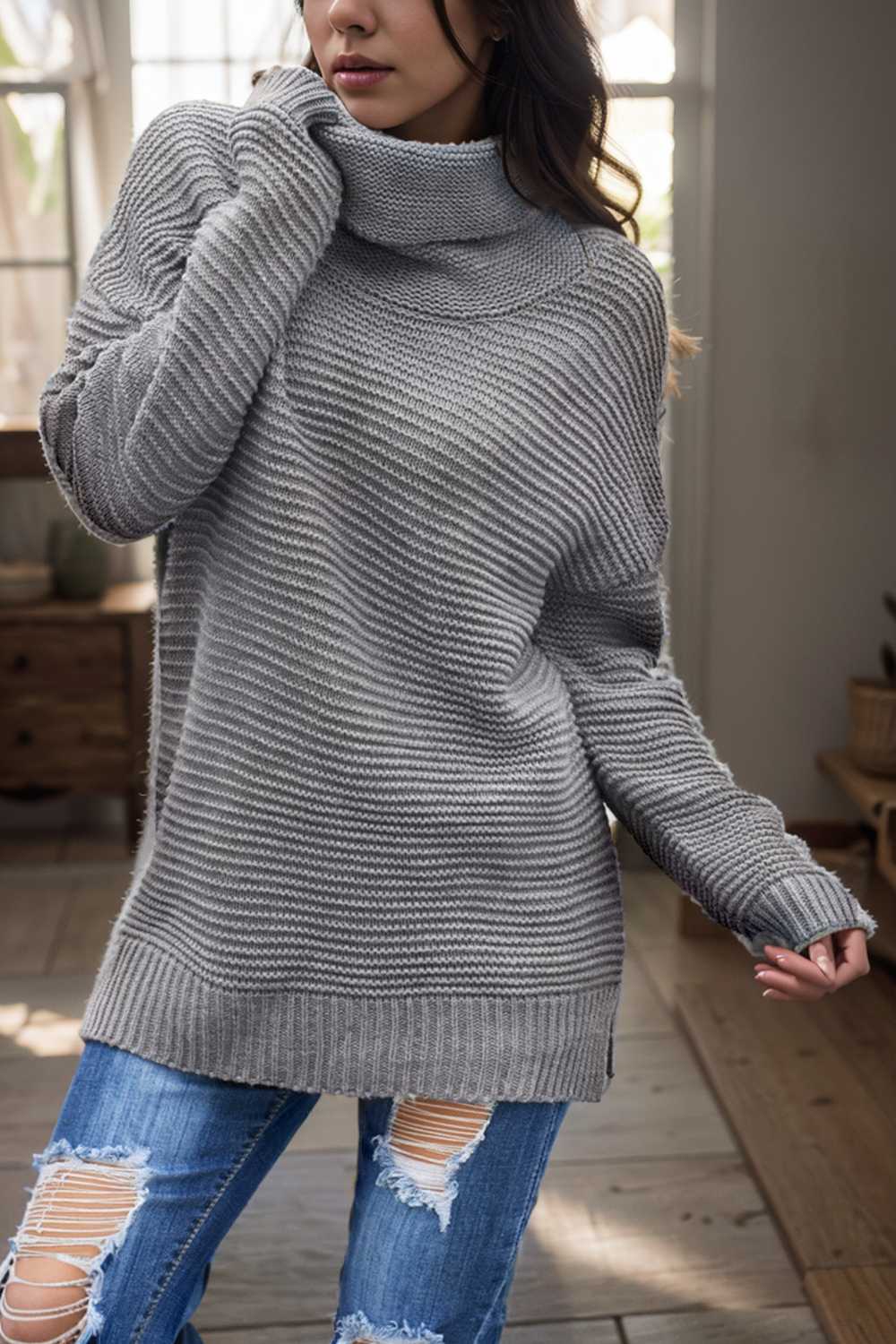 casual chunky knit mock neck long sleeve split pullover sweater 112524