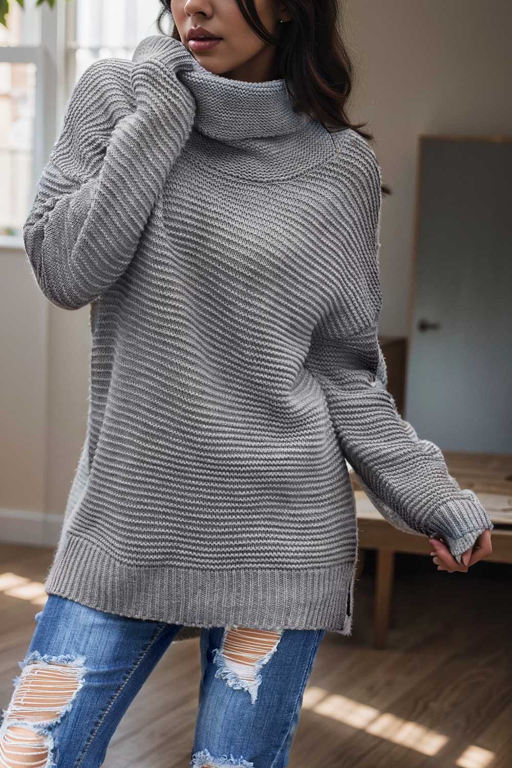 casual chunky knit mock neck long sleeve split pullover sweater 112523