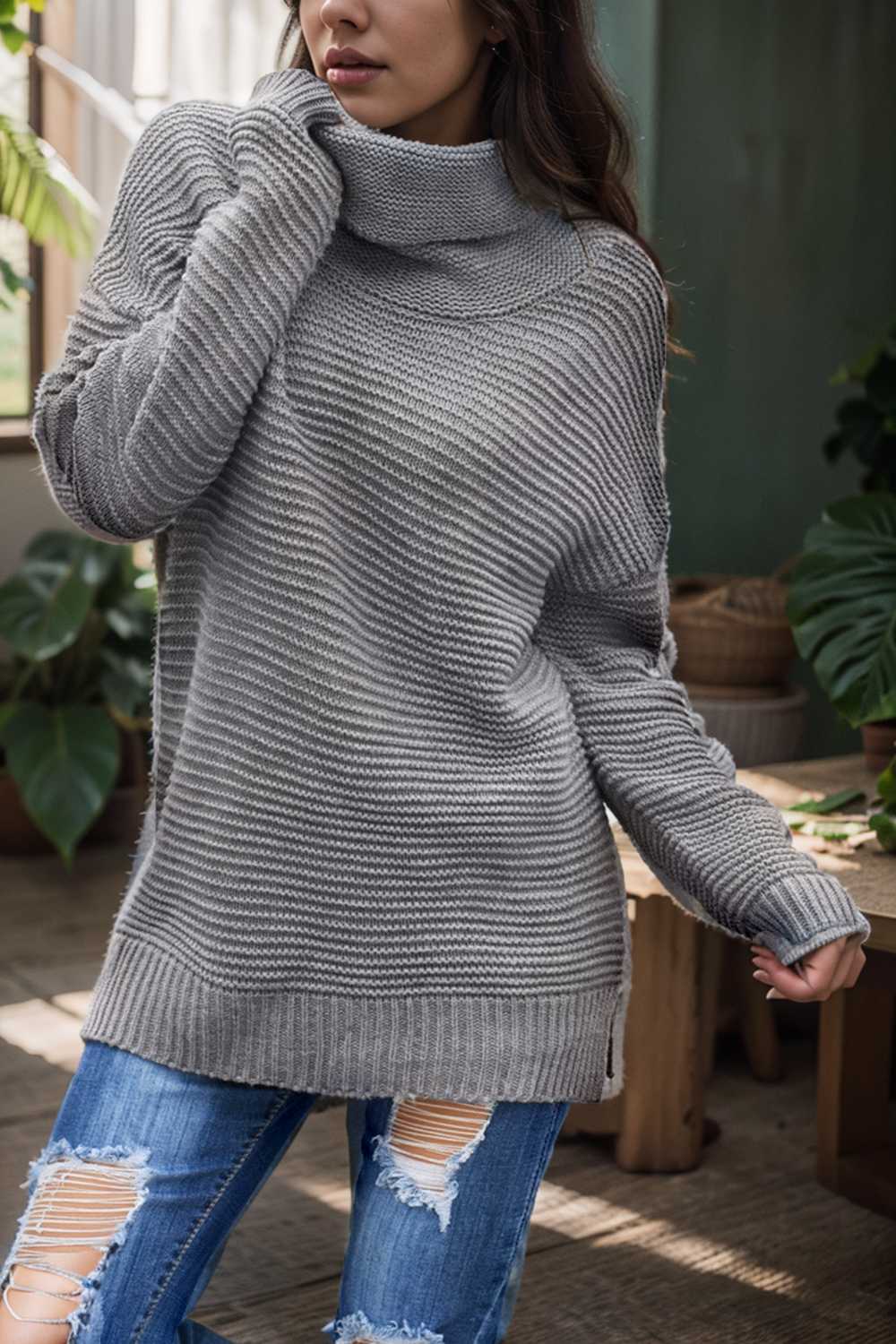 casual chunky knit mock neck long sleeve split pullover sweater 112522